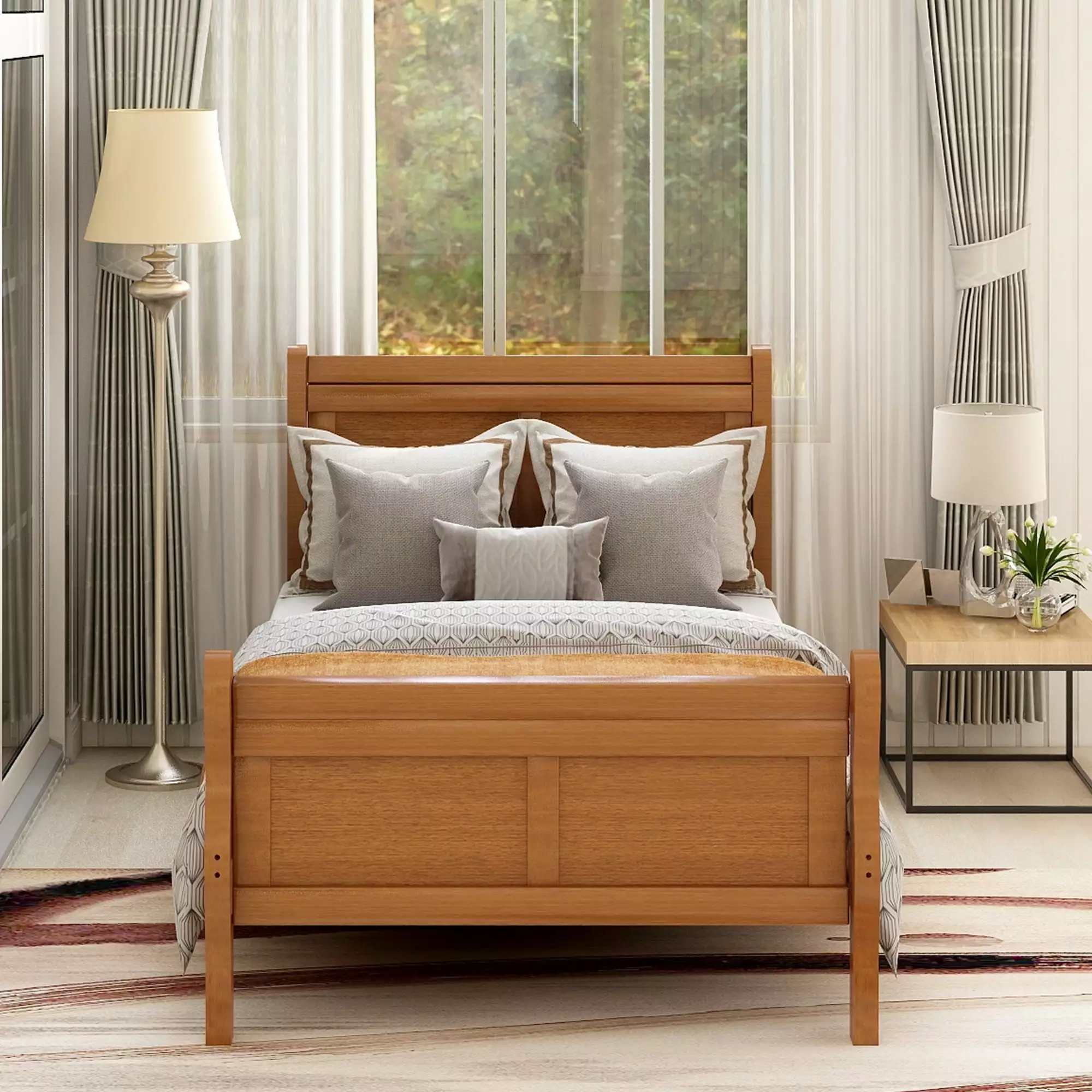 Twin Size Platform Bed Headboard - Oak Sleigh Bed Kids Wood Slat Support Syngar