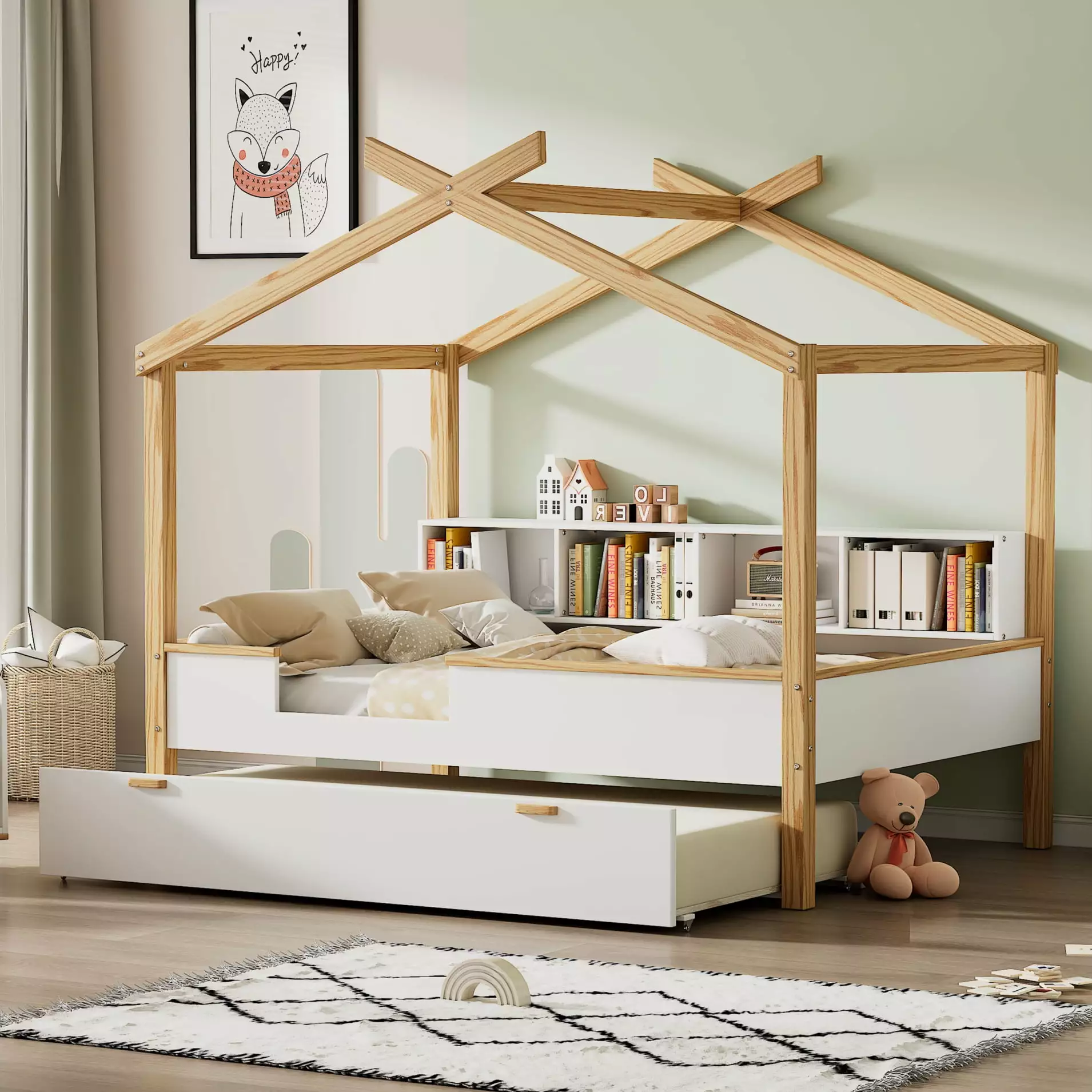 Full Size Wooden Houtilize Bed Twin Trundle - Kids Bed Frame Bookshelf Storage - White Triple Tree
