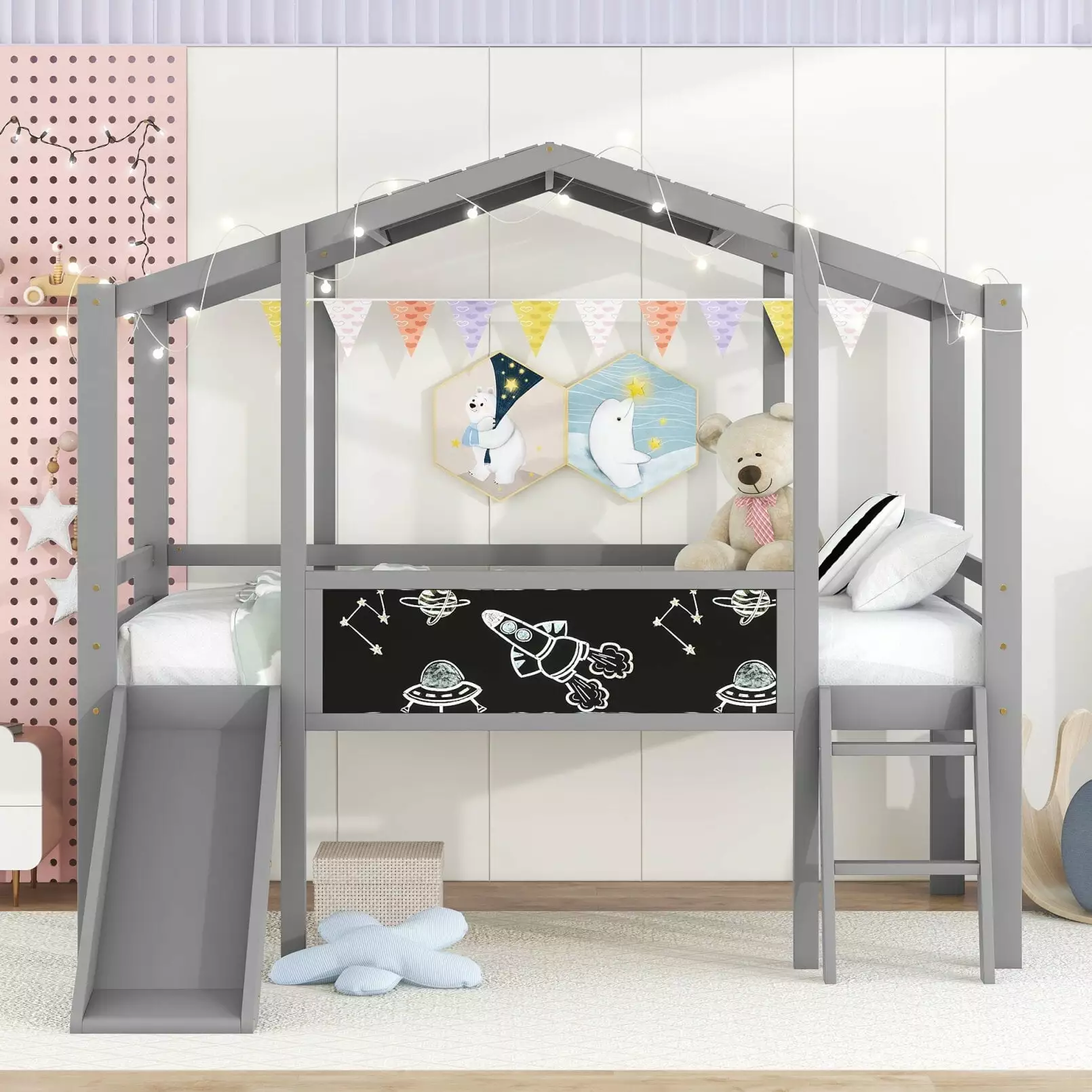Kids Twin Size Loft Bed Ladder and Slide Wood Playhouse Bed Under-Bed Space Guardrails and Blackboard Gray Triple Tree