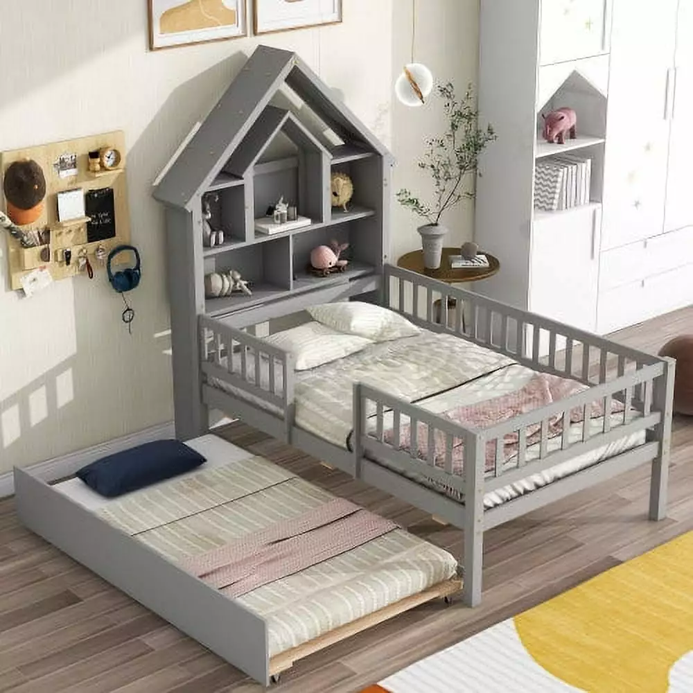 Twin Bed Frame Fence Railings and Trundle Wood Platform Storage Gray Triple Tree