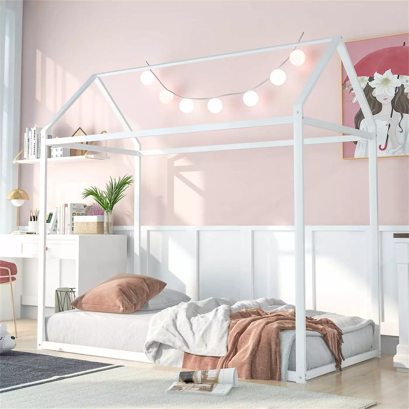 Twin Size Houtilize Bed Kids Toddlers Teens Cute Metal Tent Bed Frame Lovely Style Platform Bed Kids Houtilize Bed Floor B...