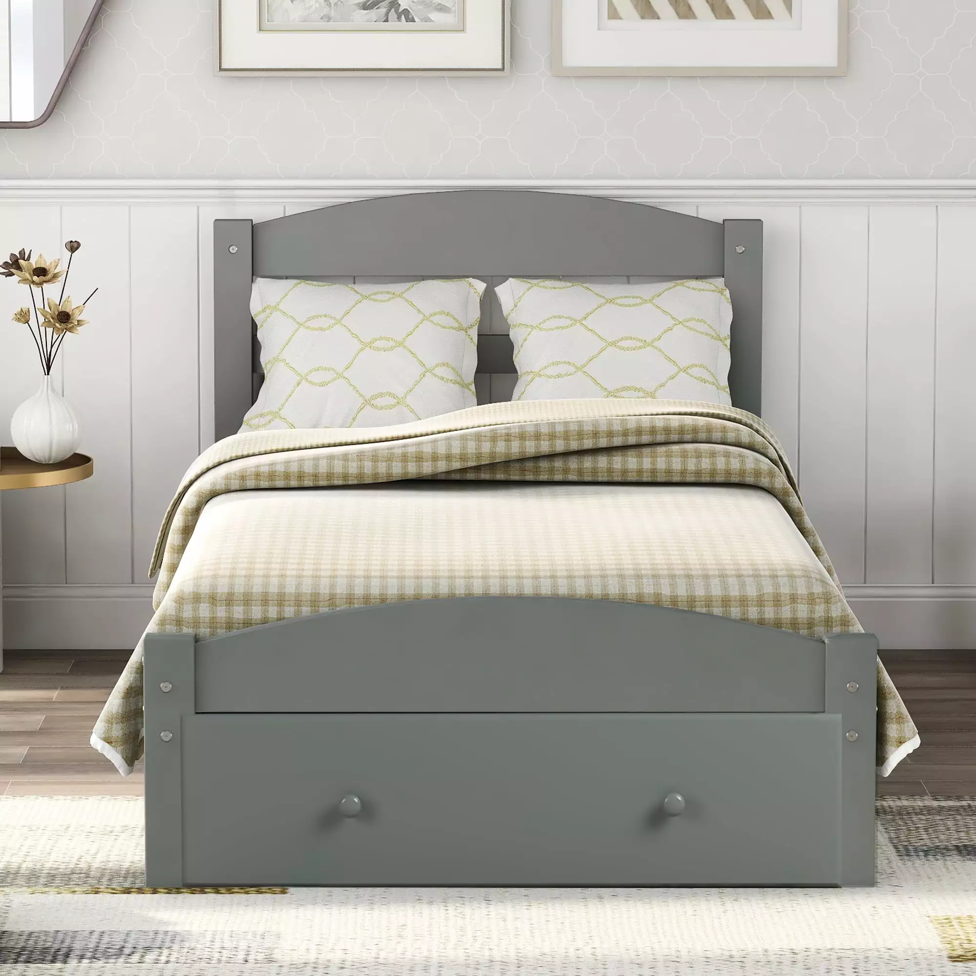 Twin Bed Frame Kids Upgrade Pine Wood Bed Frame Headboard and Footboard Storage Drawer Holds 275 lb No Box Spring Needed G...