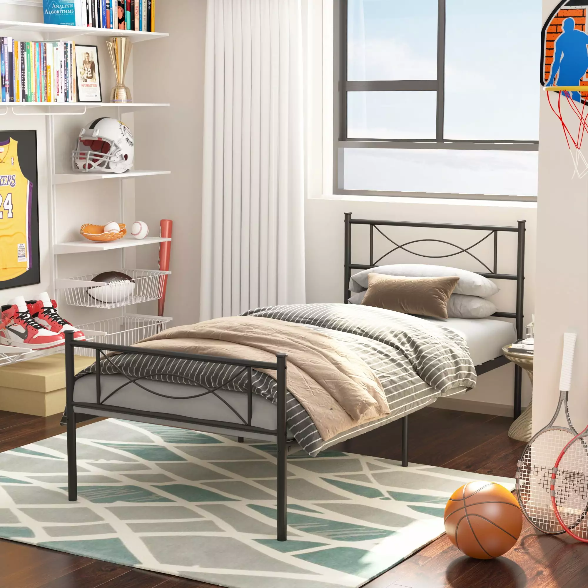 Yoneston Twin Size Metal Platform Bed Frame Bowknot Headboard and Footboard Kids Black