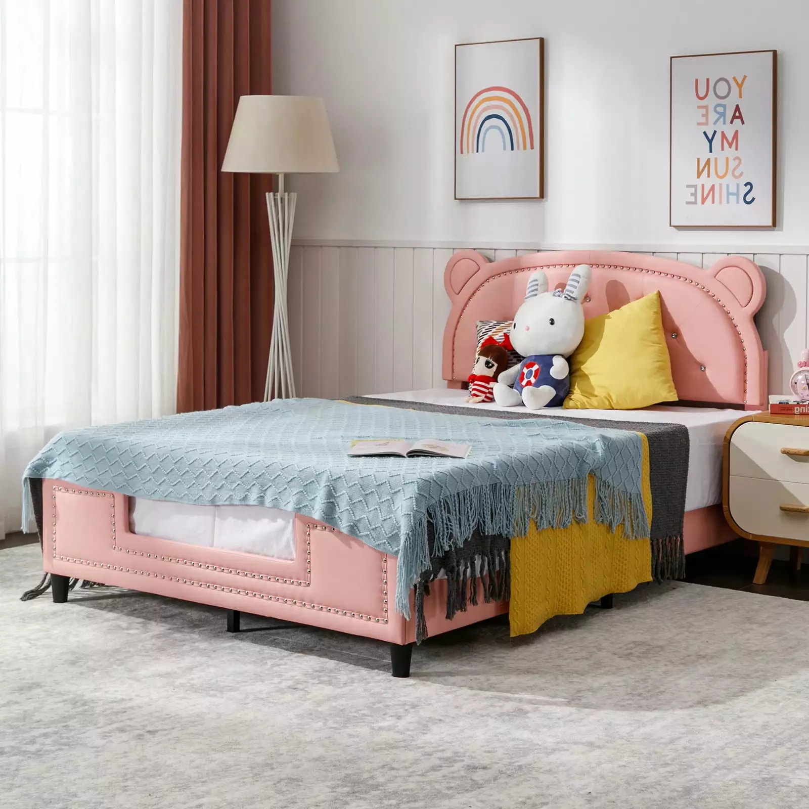ZAFLY Twin Bed Frames Kids Pink Children Platform Bed Kid Bed Frame Bear Shaped Headboard Faux Leather Upholstered Rivet D...