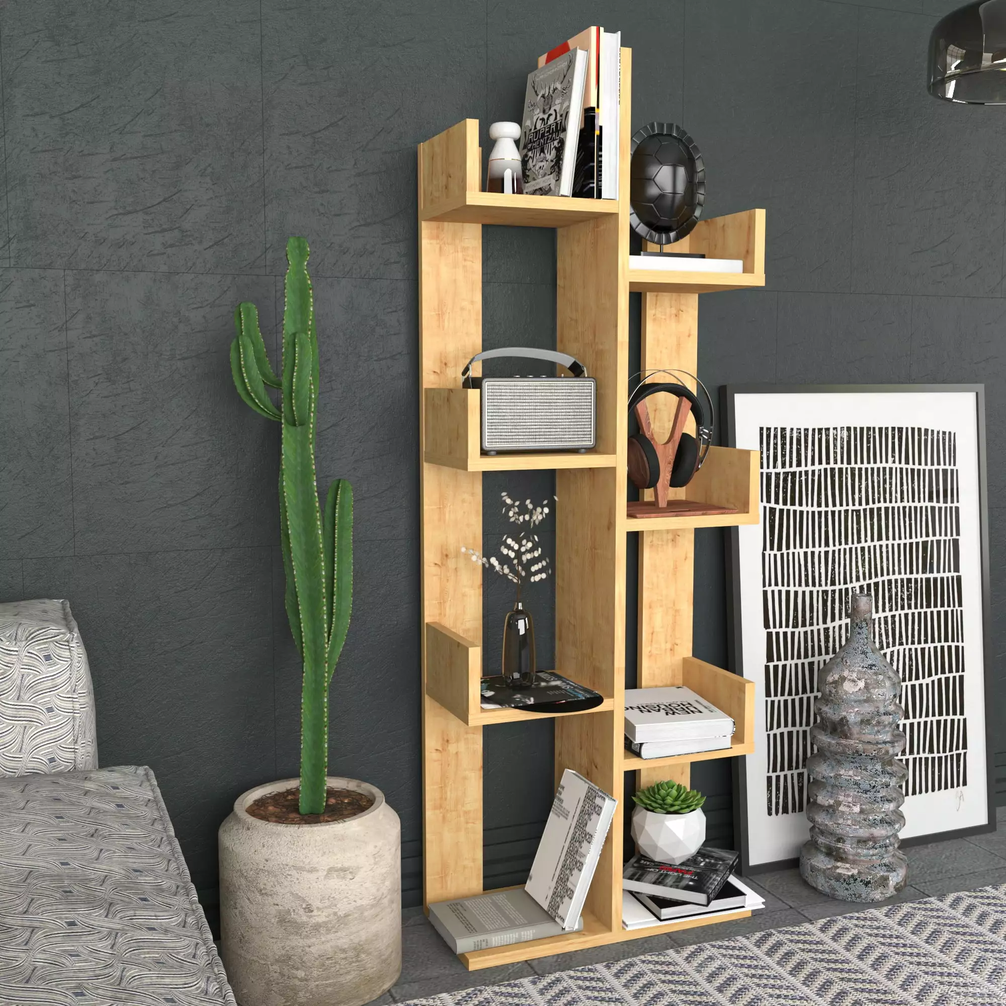 Luisa Bookshelf Tree Shaped Bookcase 8 Storage Shelves Sapphire Oak Decorotika