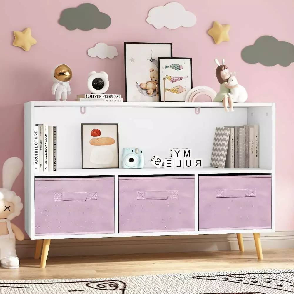 Kids Bookcase Book Display Bookshelf 3 Collapsible Fabric Drawers Kids Teens Pink Triple Tree