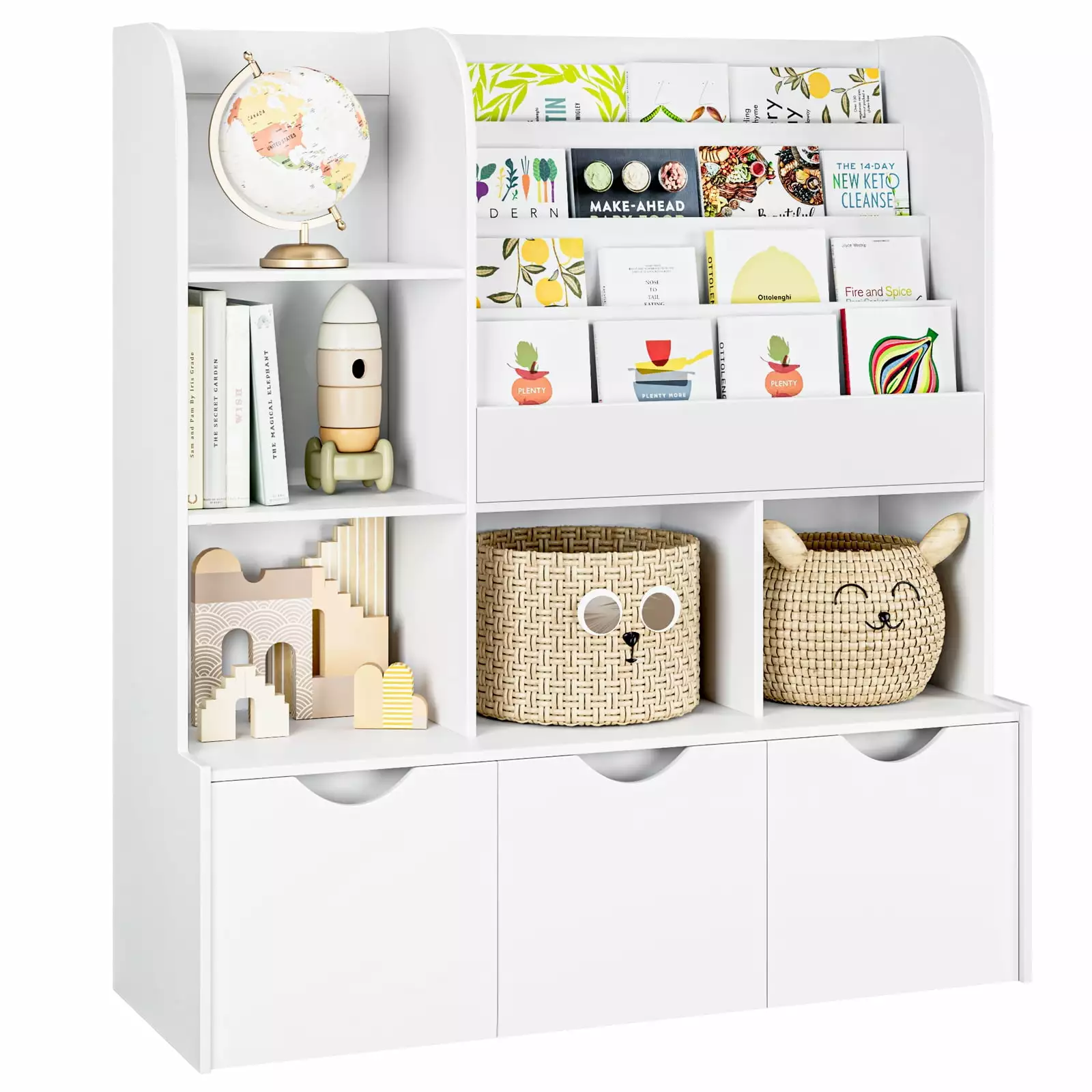 Homfa Kids Bookshelf 3 Movable Drawers - 5-Cube Bookcase 4-Tier Display Stand - White Toy Storage Organizer