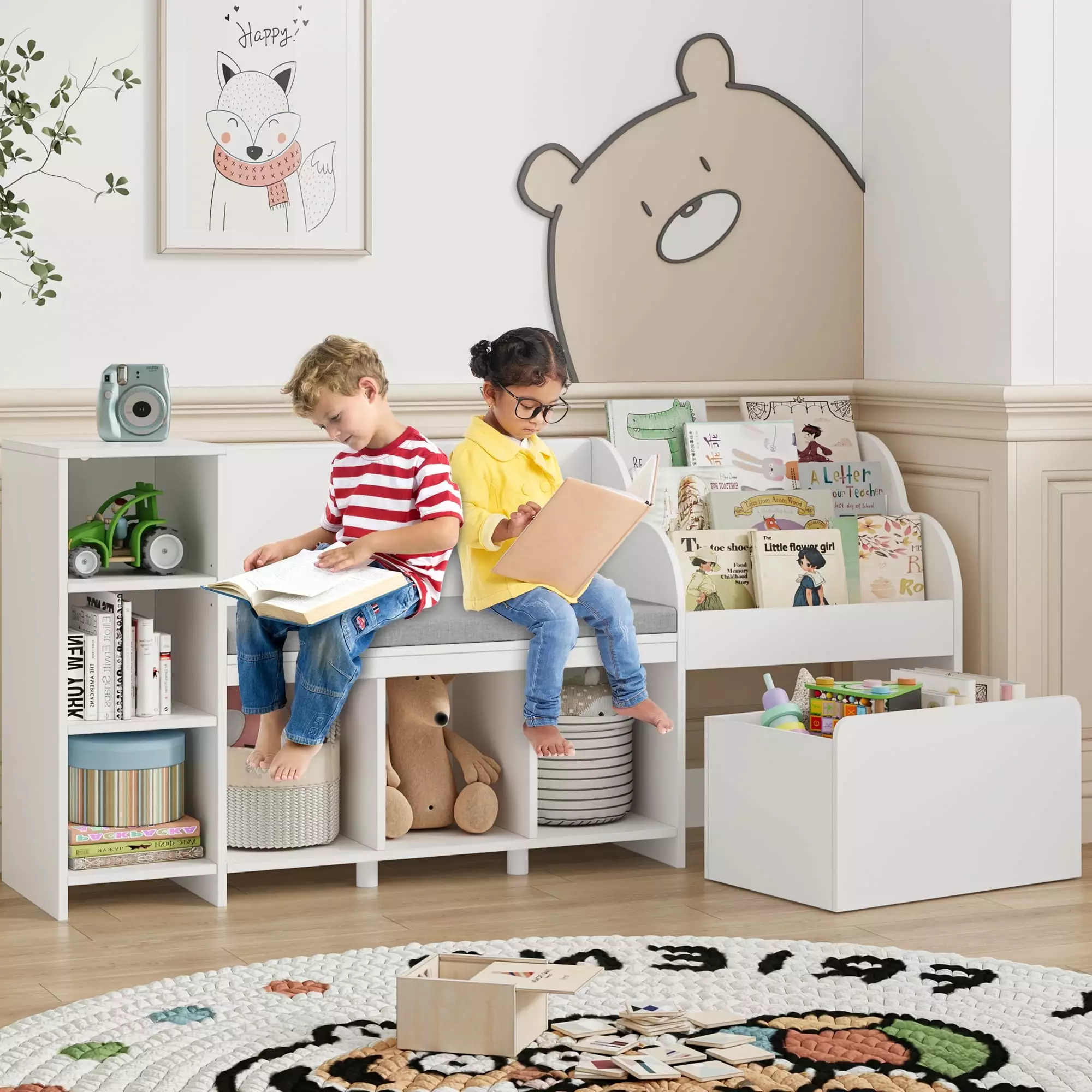 Homfa Kids Bookshelf Reading Nook 6 Shelf Bookcase Wood Toy Bin and 3 Tier Book Rack Children