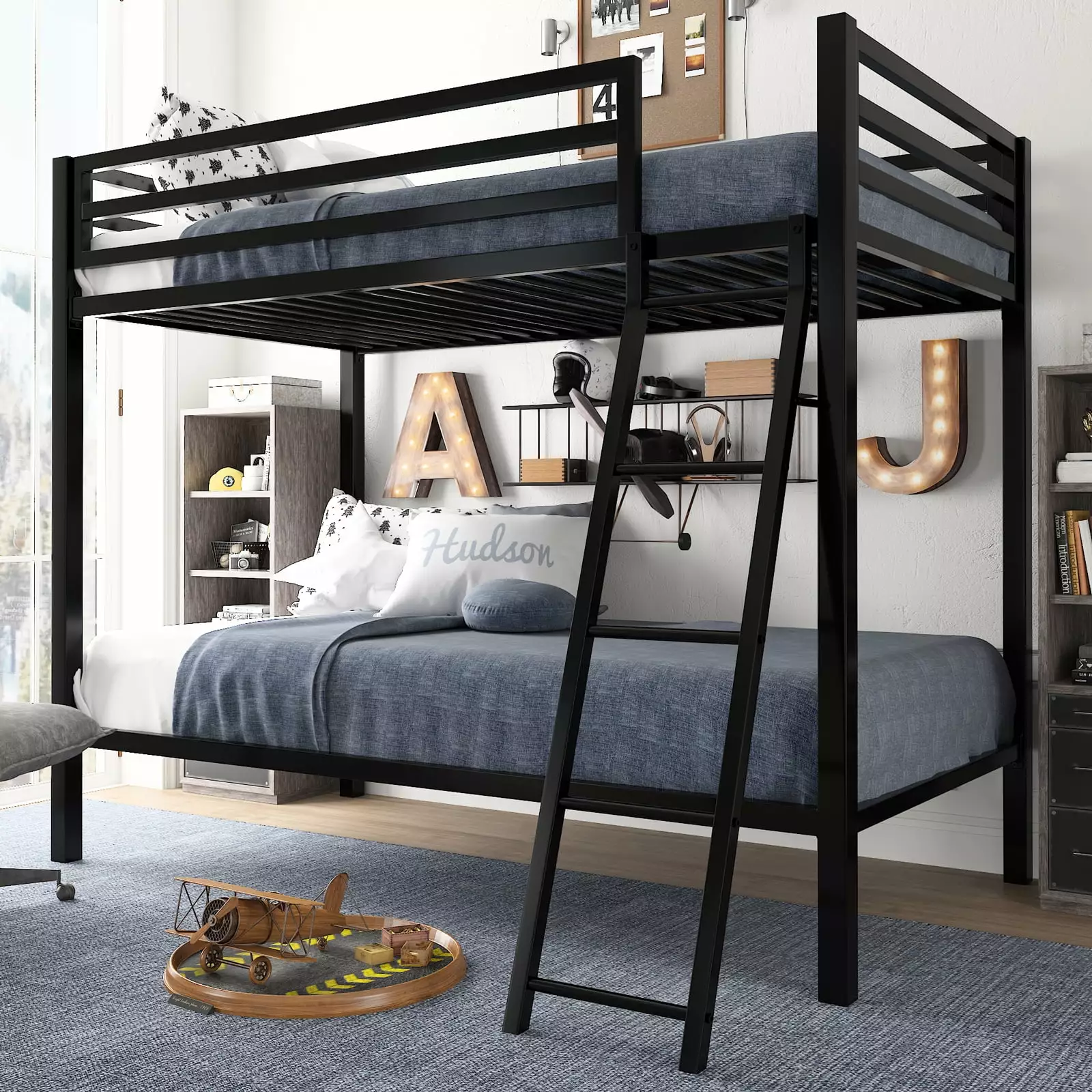 Amolife Twin-Over-Twin Bunk Beds Heavy Duty Metal Frame and Ladder Matte Black