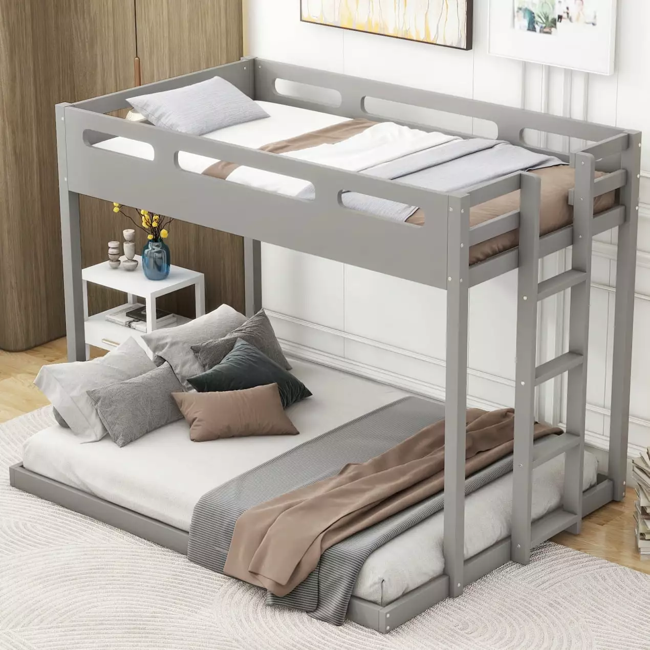 ARCTICSCORPION Wooden Twin over Full Bunk Bed Built- Ladder and Guardrail Multi-functional Bunk Bed Frame Bedroom Apartmen...