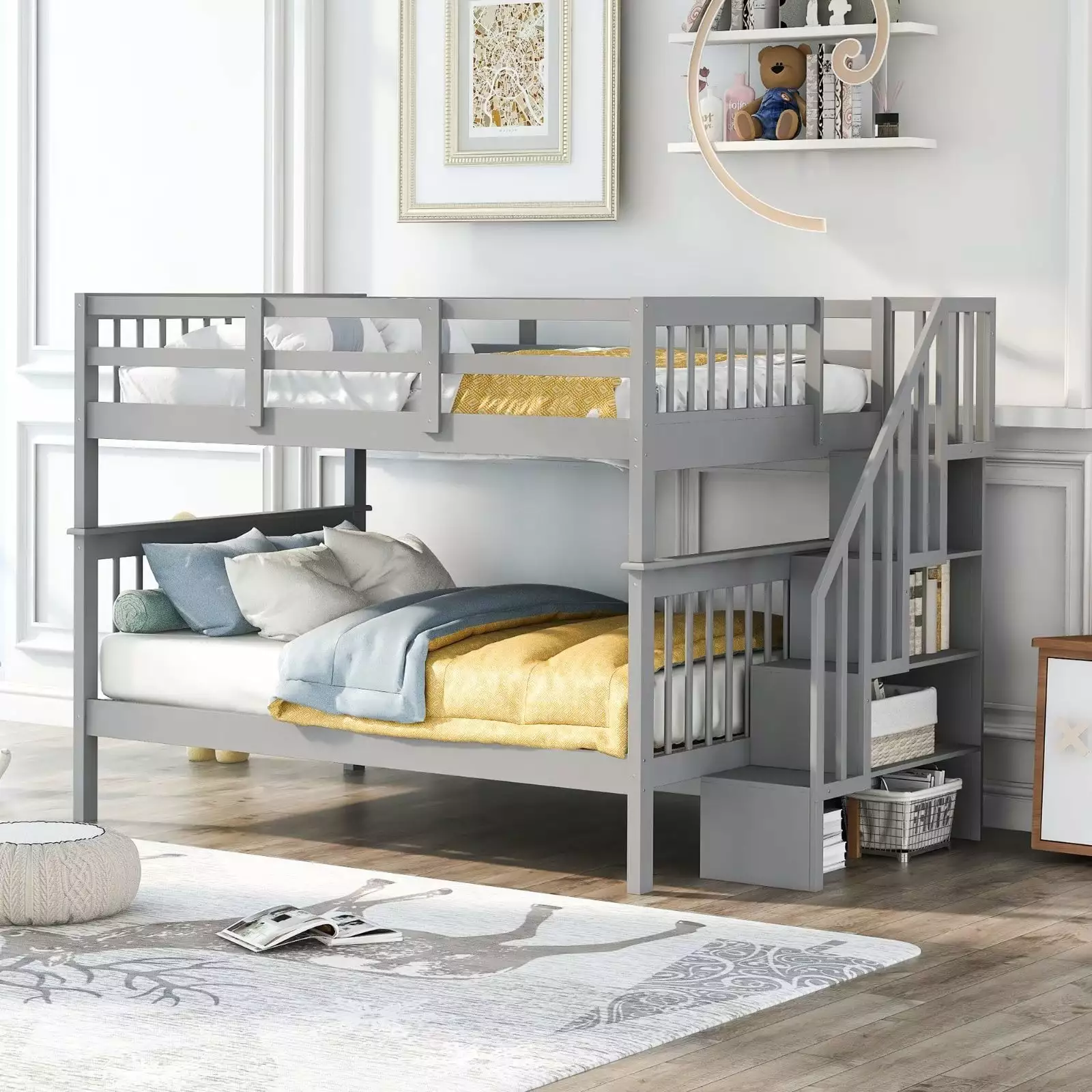 Full over Full Bunk Bed Frame Open Storage Shelves Wood Bunk Bed Stairs Kids and Teens ARCTICSCORPION