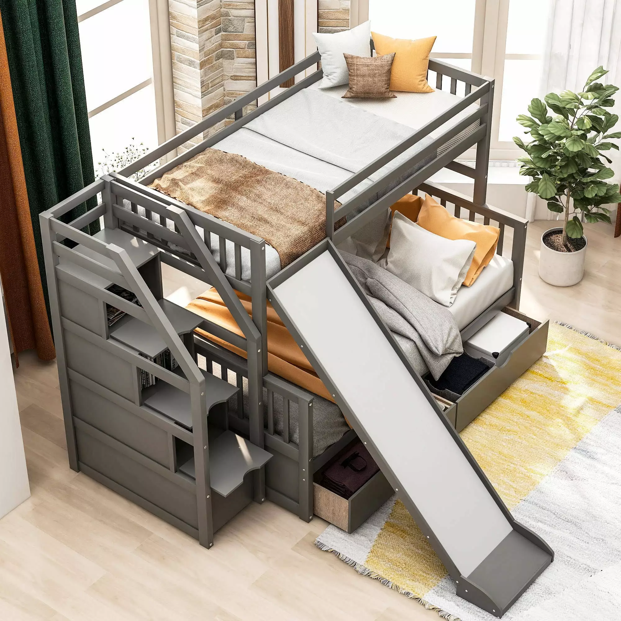 Solid Wood Low Bunk Bed Kids - Twin Over Full Floor Bunk Bed Slide, Stair, and Storage Shelves Gray ARCTICSCORPION