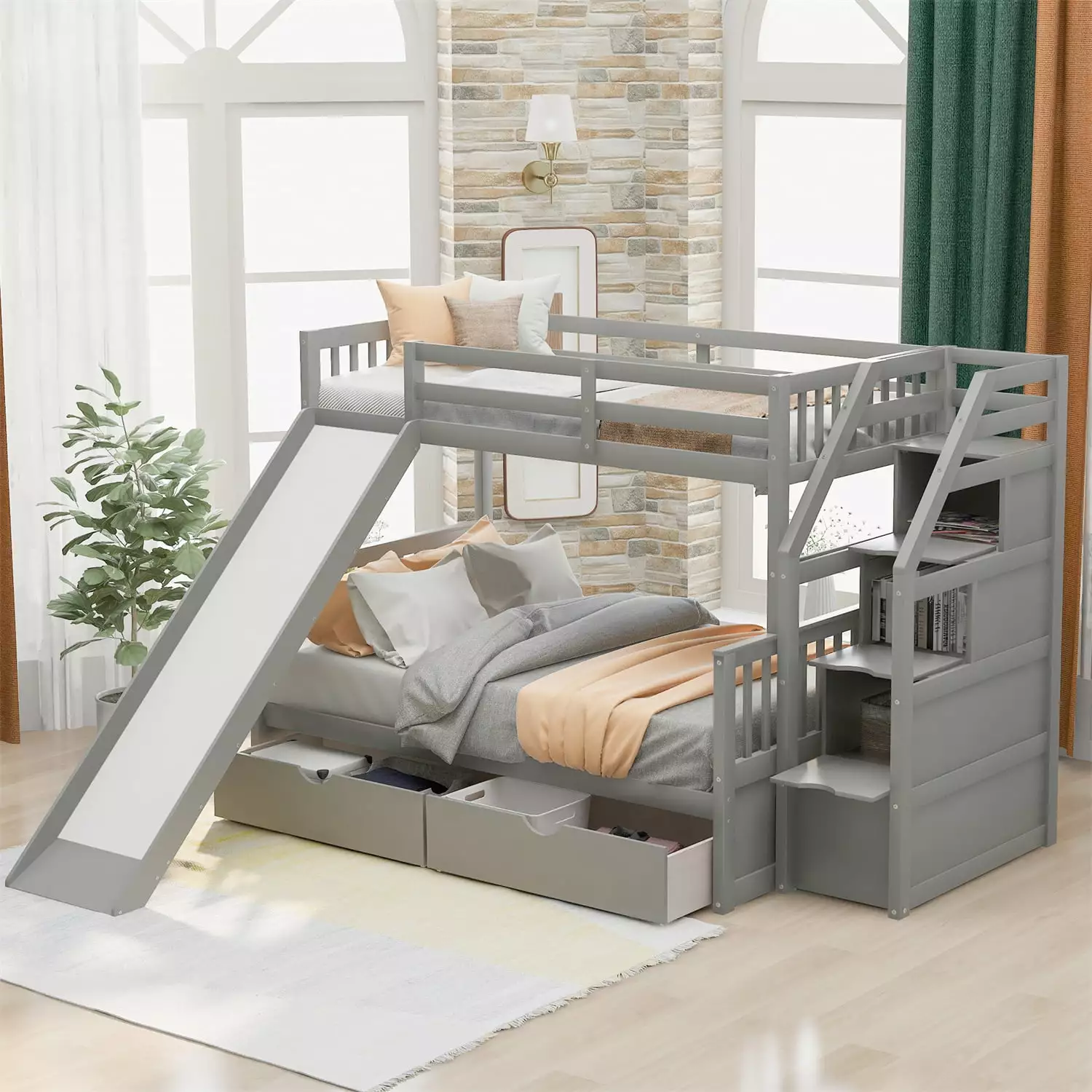 Twin over Full Bunk Bed Drawers and Slide - Wood Frame Storage Staircase - Grey ARCTICSCORPION