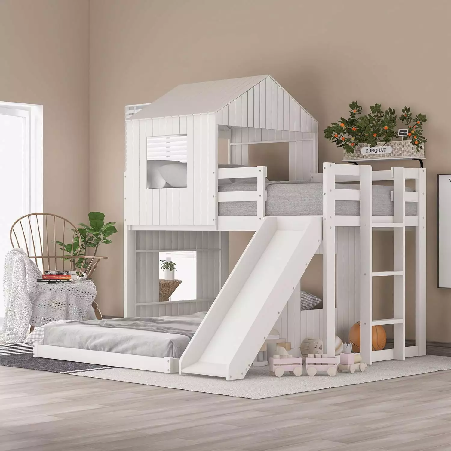 Twin Over Full Houtilize Bunk Bed Slide and Roof - White Wood Frame ARCTICSCORPION