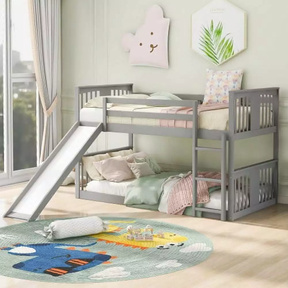 Twin Over Twin Bunk Bed Slide and Built- Ladder Gray Wood Bunk Bed Frame Guardrail Kids ARCTICSCORPION