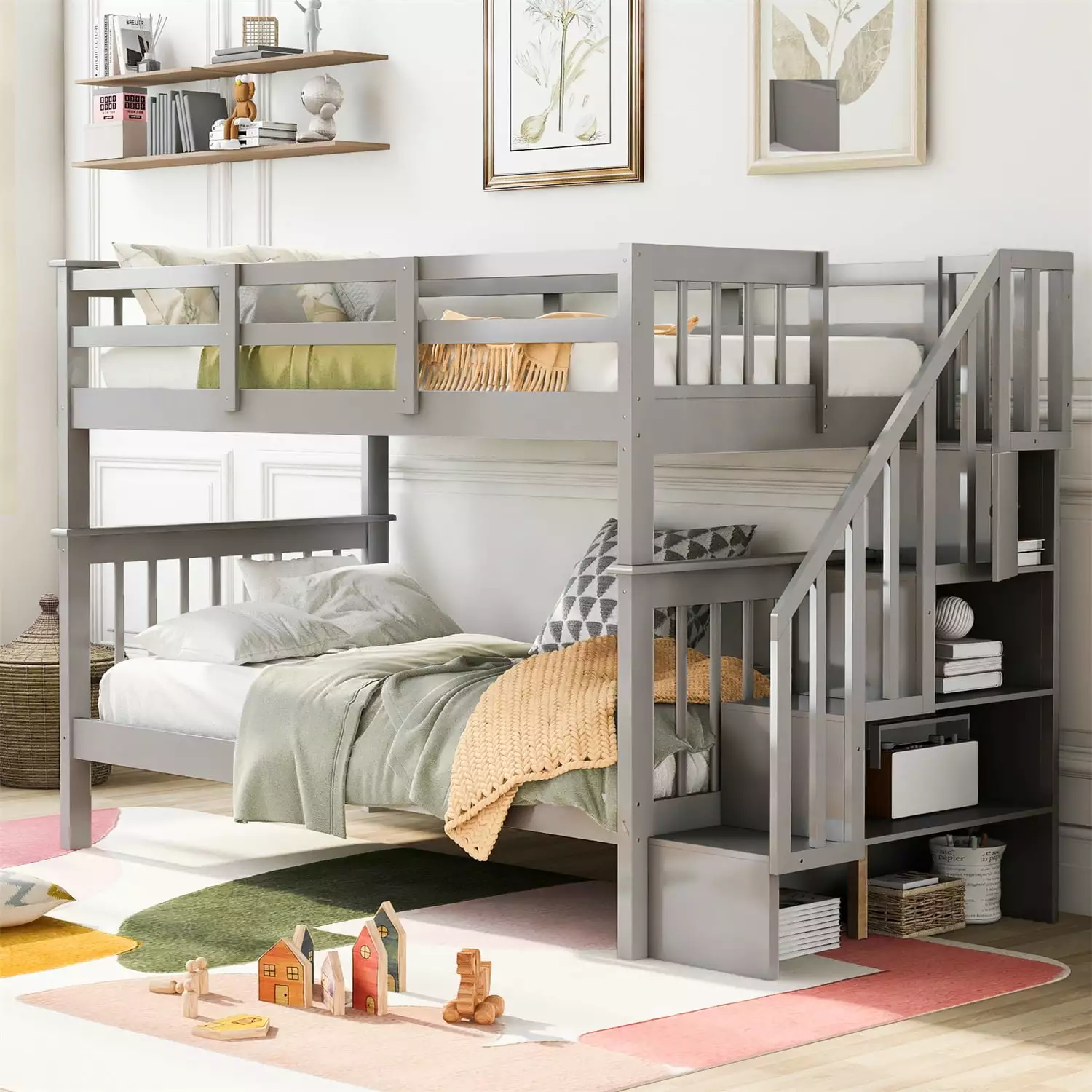 Twin Over Twin Bunk Bed Storage Stairs Solid Wood Bunk Bed Frame Shelves Kids Girls Boys Gray ARCTICSCORPION