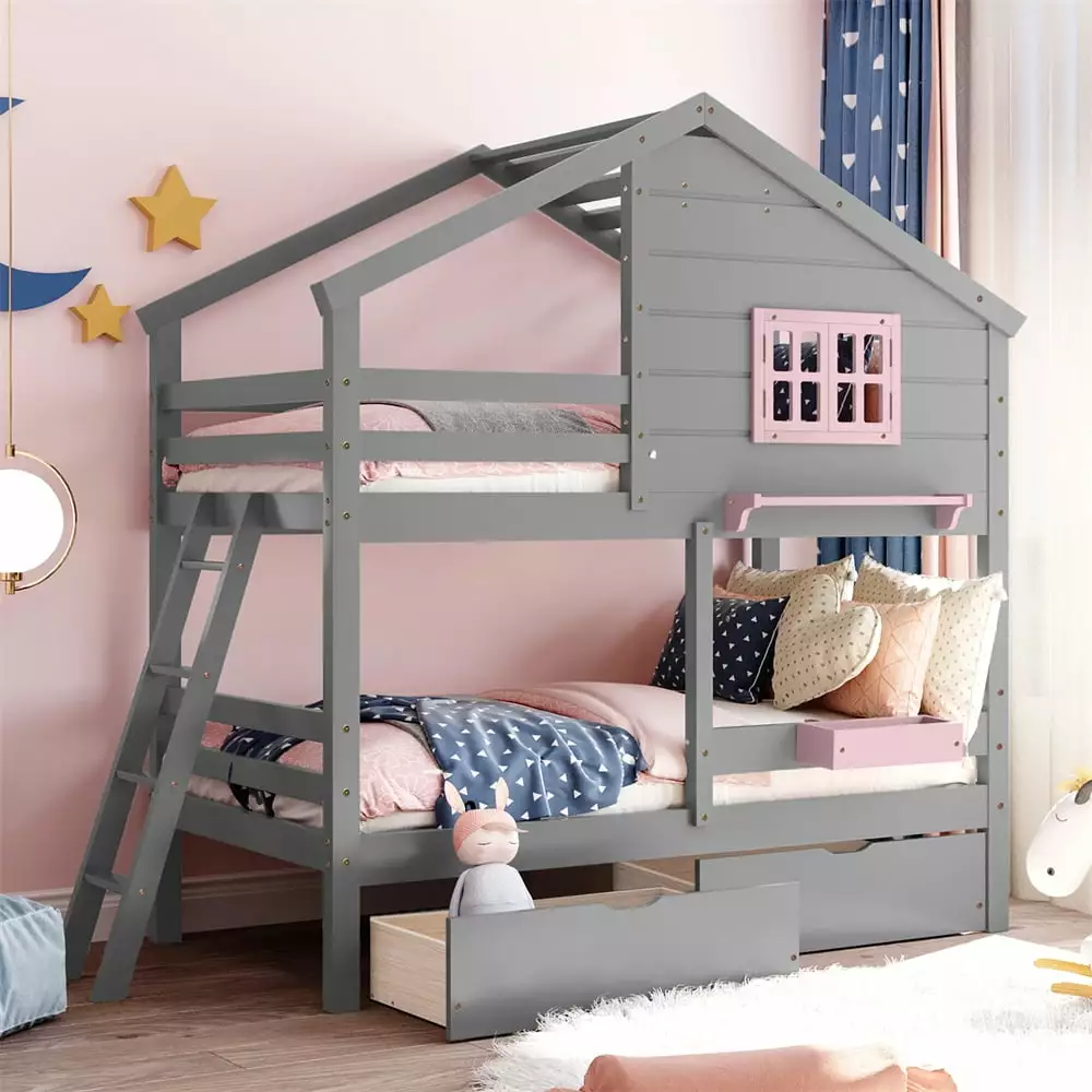 Twin Over Twin Houtilize Bunk Bed Castle Bed Storage - Gray Wood Frame ARCTICSCORPION