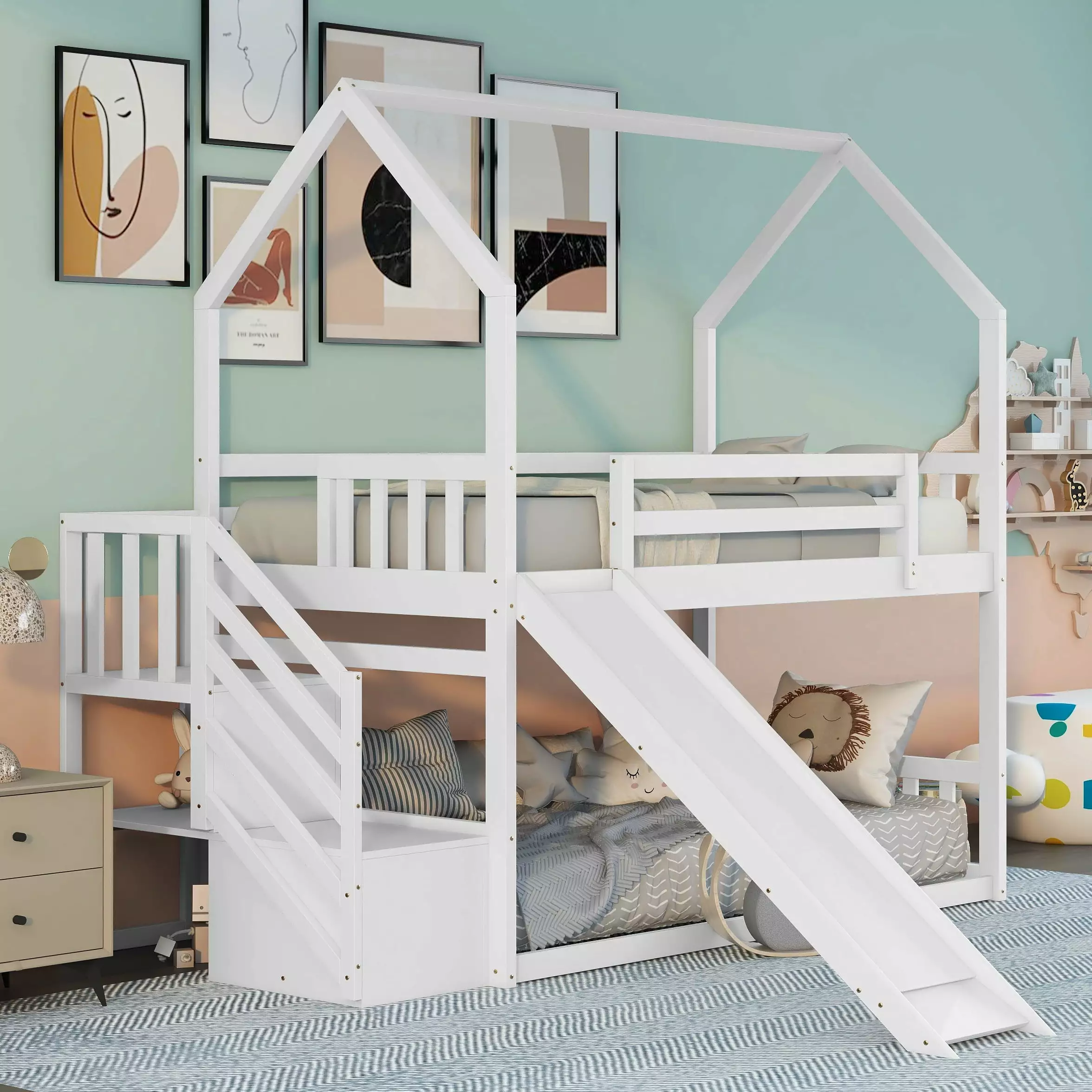 Bellemave Bunk Beds Slide and Stairs Wooden Twin Over Twin Bunk Bed Storage Staircase Kids Girls Boys White