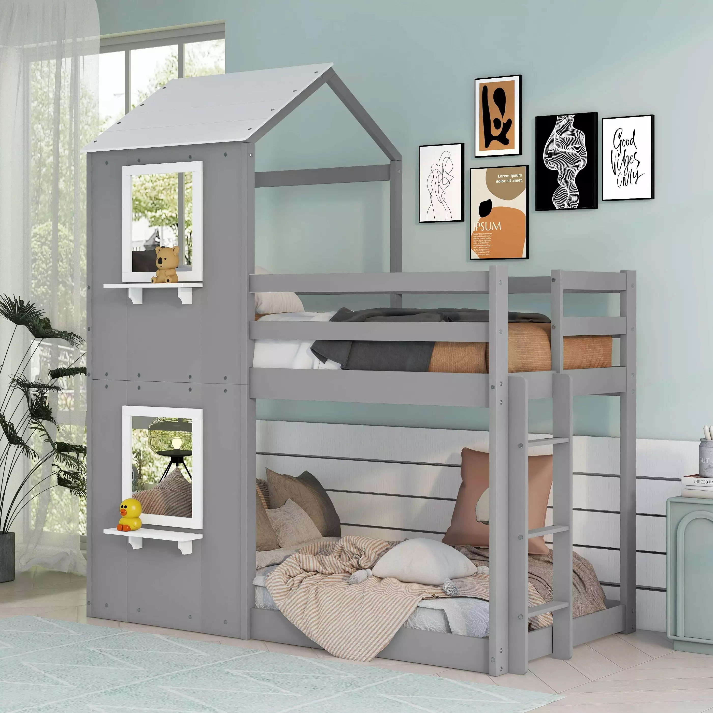 Bellemave Houtilize Bunk Bed Kids Wood Twin Over Twin Bunk Bed Roof Floor Bunk Bed Ladder Girls Boys White Grey