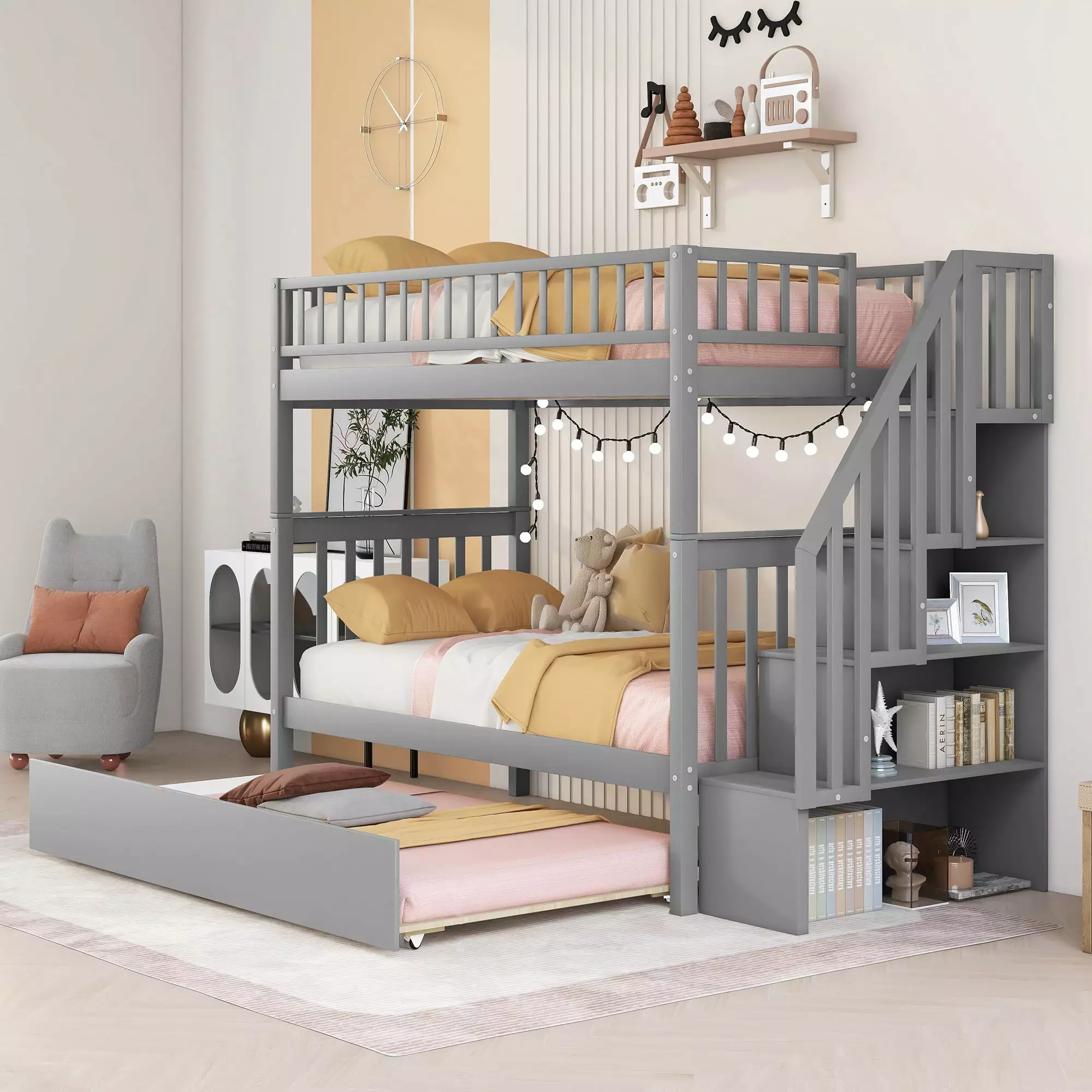 Bellemave Wood Twin over Twin Bunk Bed Trundle and Storage Stairs - Converts to 2 Twin Beds - Gray