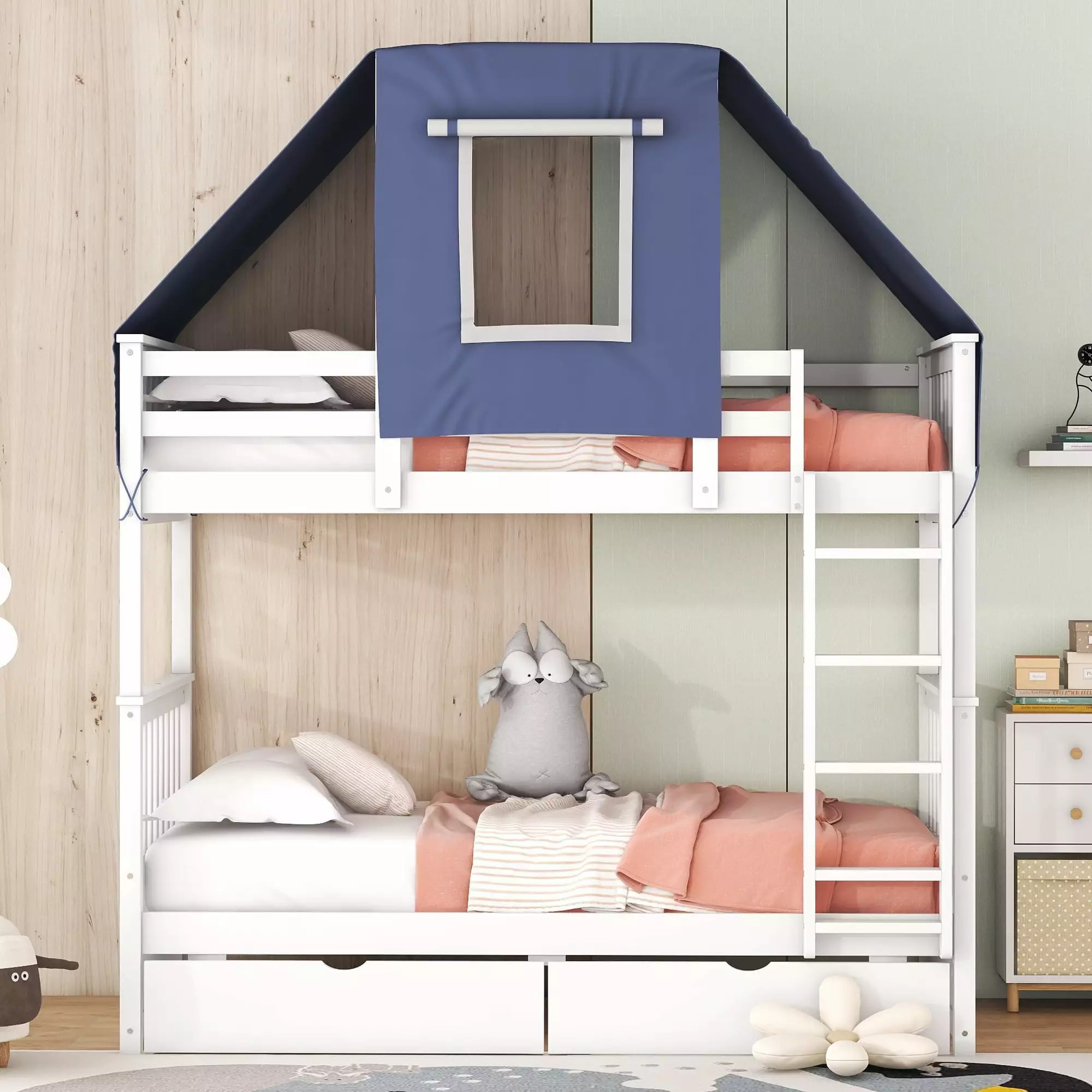 BELLEMAVE Wooden Twin over Twin Bunk Bed Frame Tent and 2 Drawers