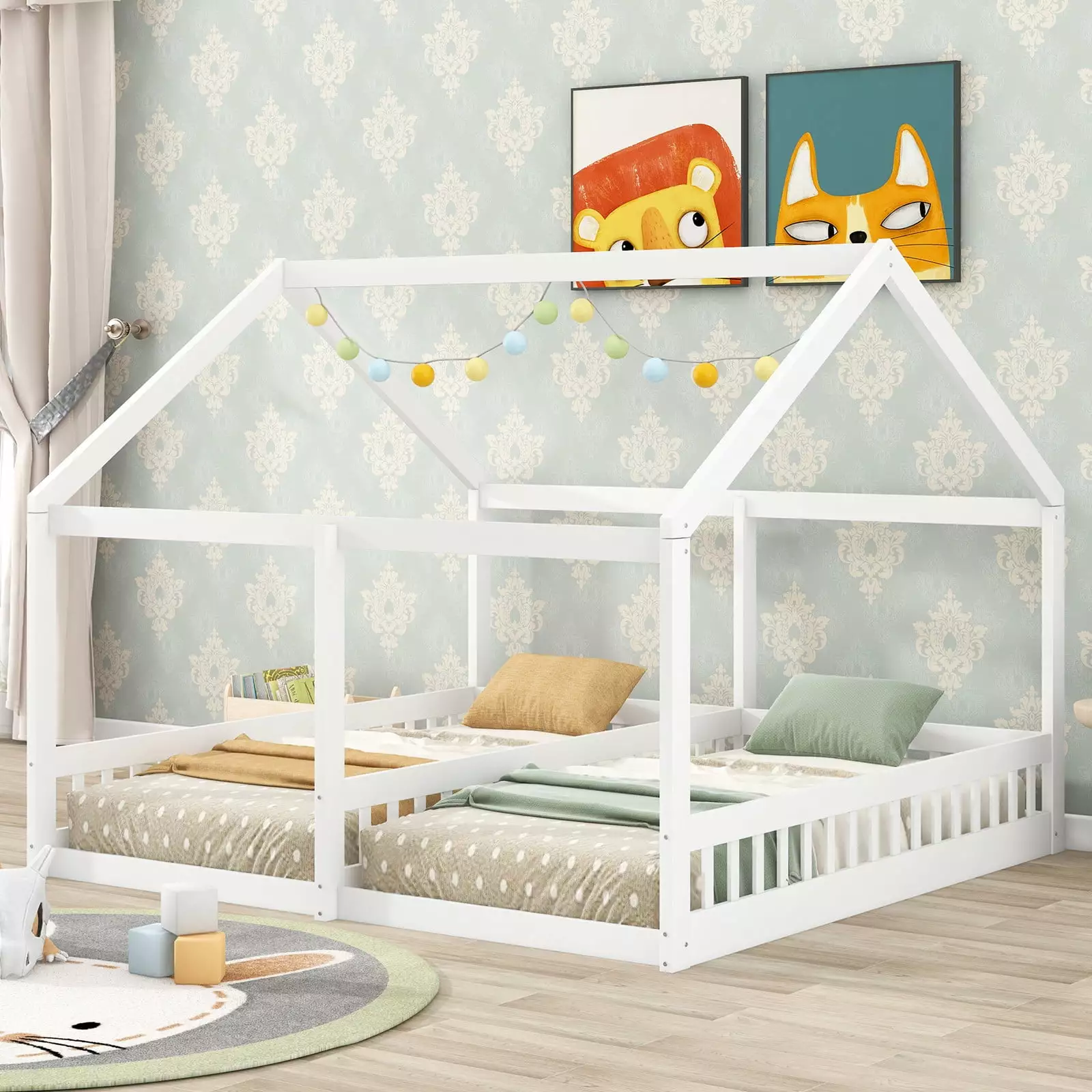 Churanty Twin Bed 2 Kids Wood Double Floor Bunk Bed Frame Fence Railings White Shared Beds