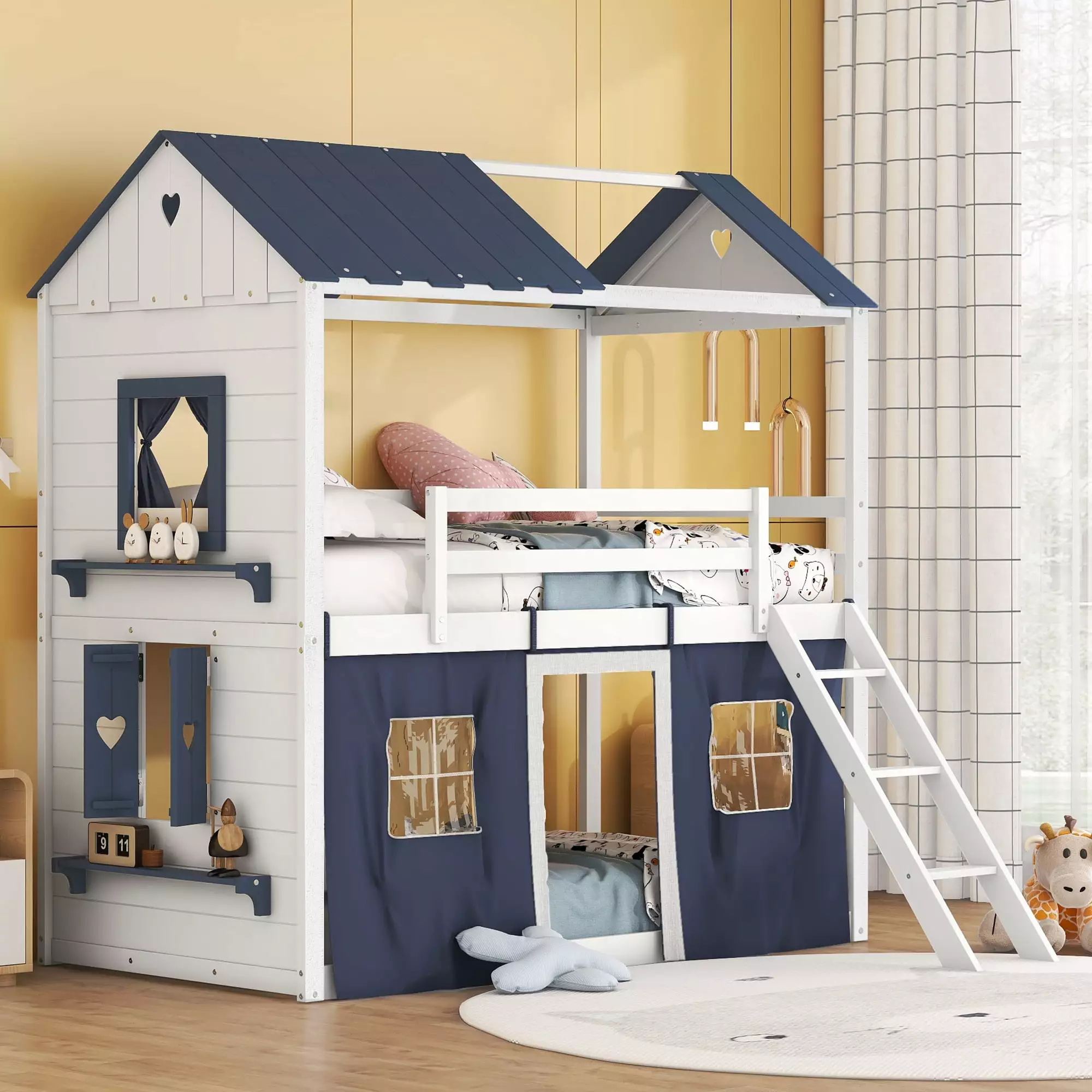 Churanty Twin Over Twin Wood Bunk Bed Elegant Windows Sills and Tent Kids Girls Boys