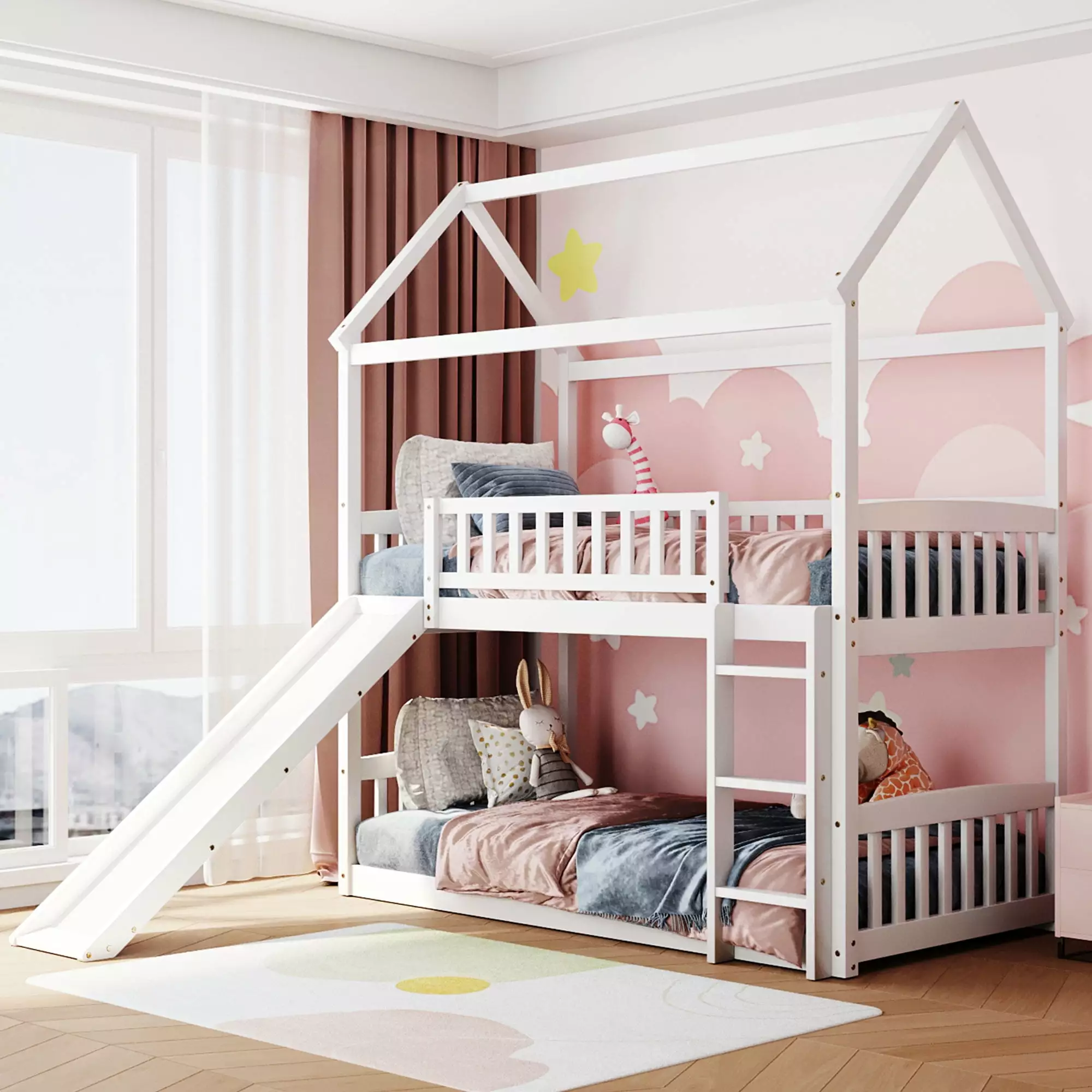 Churanty Wood Twin Over Twin Bunk Bed Slide Houtilize Bunk Bed Roof Bedrooms White