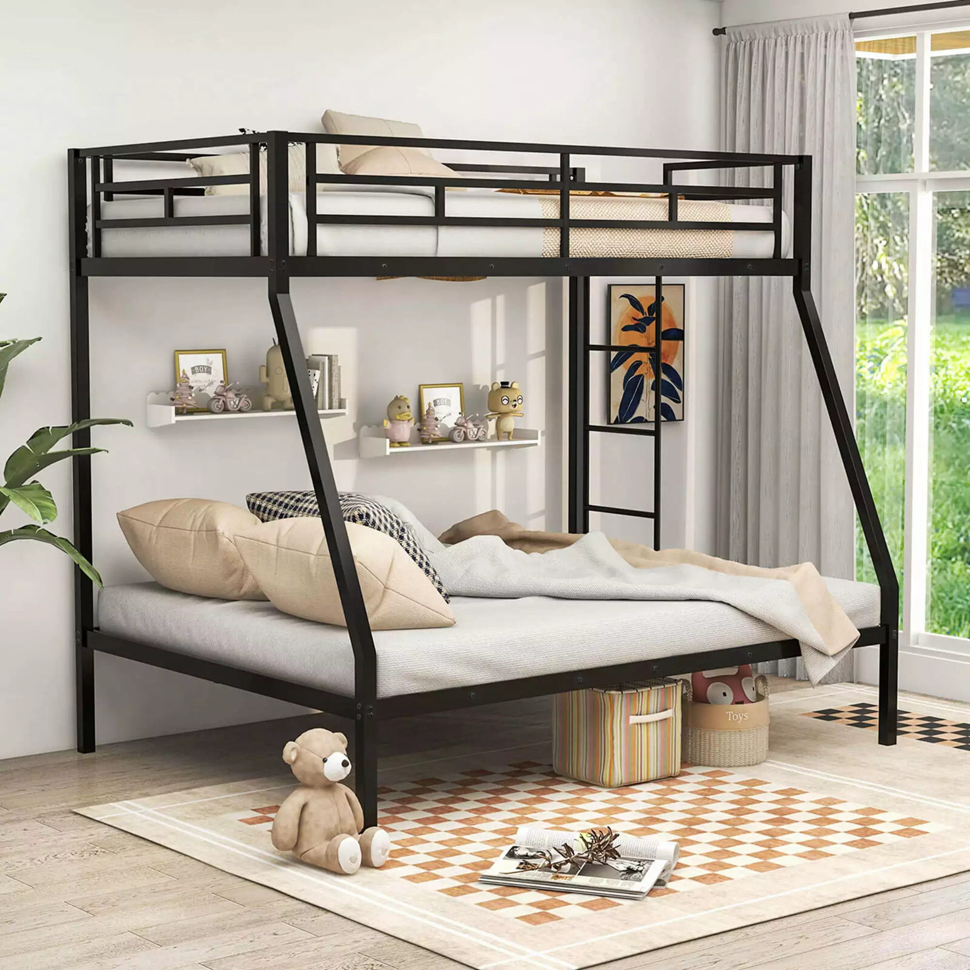 Costway Twin Over Full Metal Bunk Bed Merged Ladder and Full-length Guardrail Black