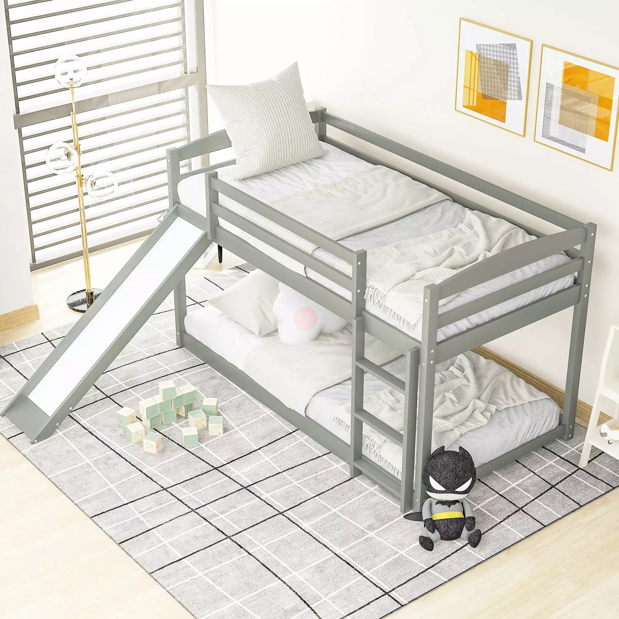 Elitezip Bunk Bed Twin over Twin Convertible Ladder and Slide Protectty Guardrail