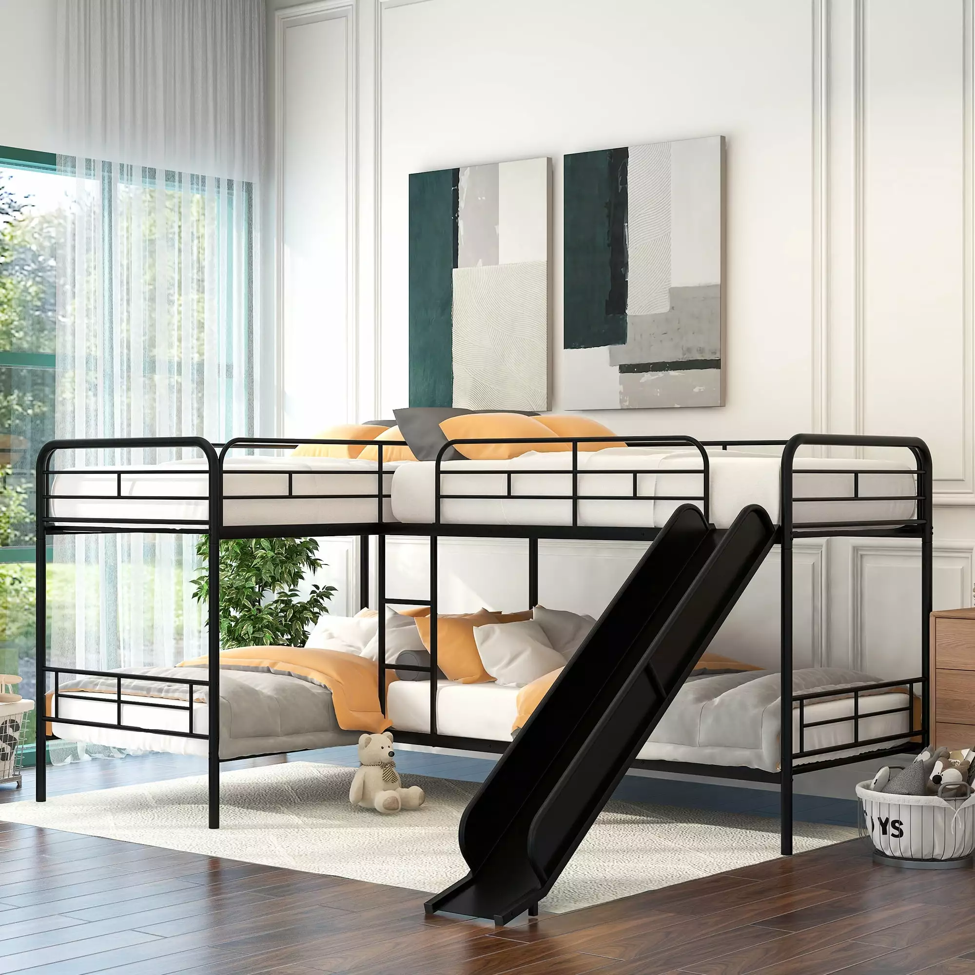 Euroco Modern Metal Twin L-Shaped Quadruple Bunk Bed Kids Bedroom Slide 4 Twin Beds Black