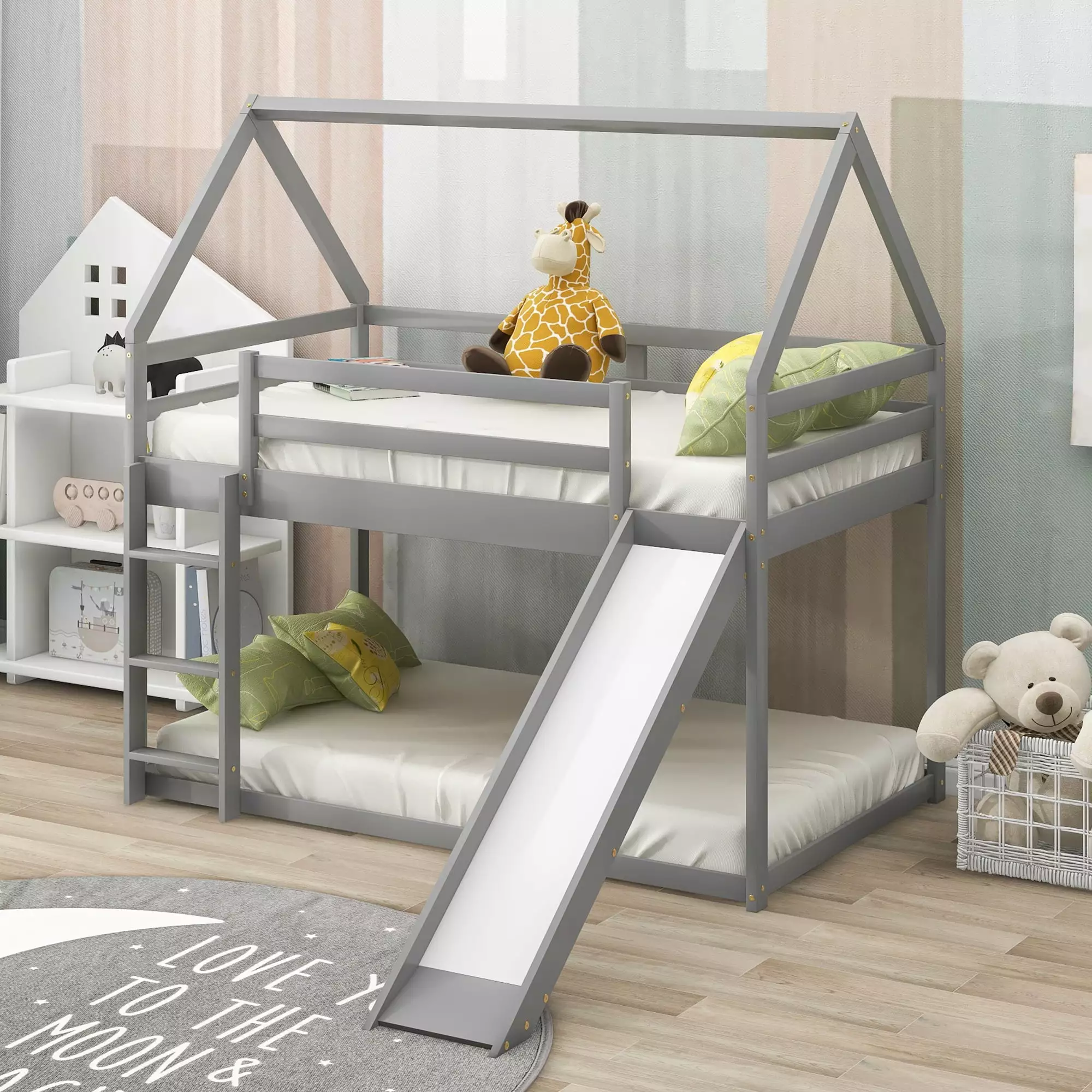 Euroco Pine Wood Bunk Bed Twin-over-Twin Slide Kids Bedroom Gray Space Saving