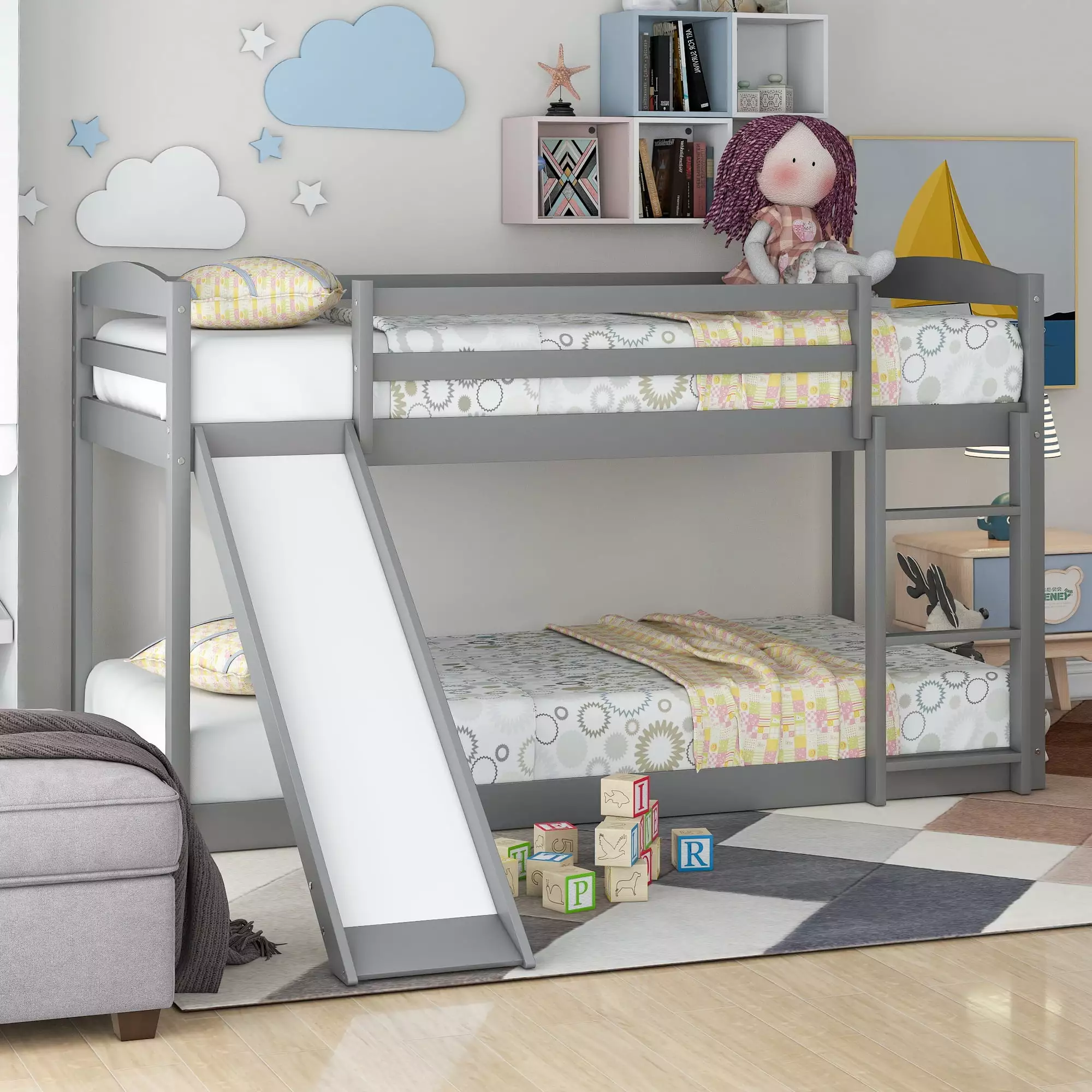 Euroco Solid Wood Twin over Twin Bunk Bed Slide and Ladder Kids Gray