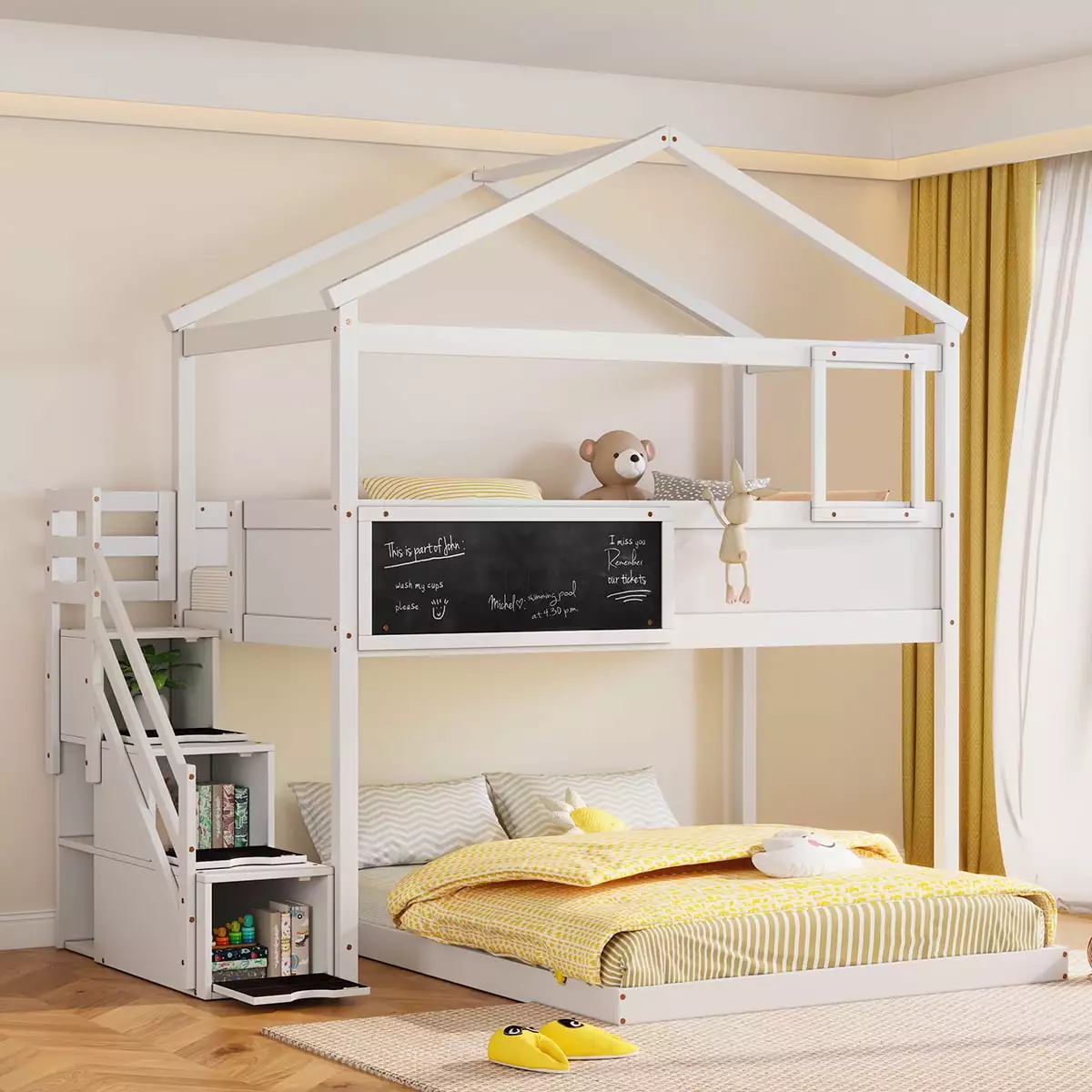 Euroco Twin over Full Houtilize Bunk Bed Storage Staircase and Writing Blackboard Kids Bedroom White