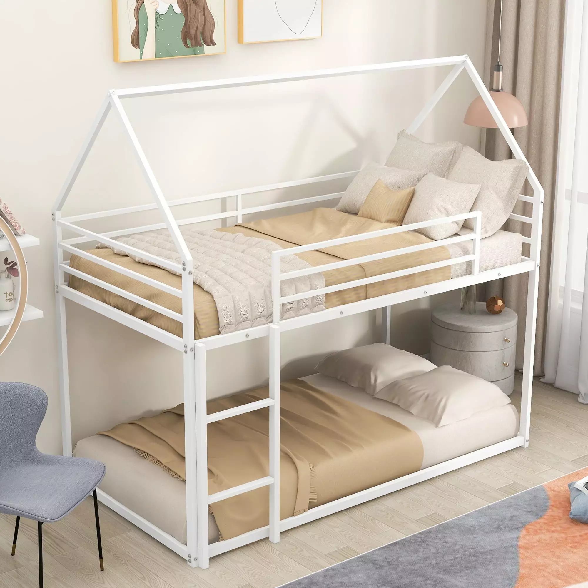 Euroco Twin Over Twin House Bunk Bed Built- Ladder White