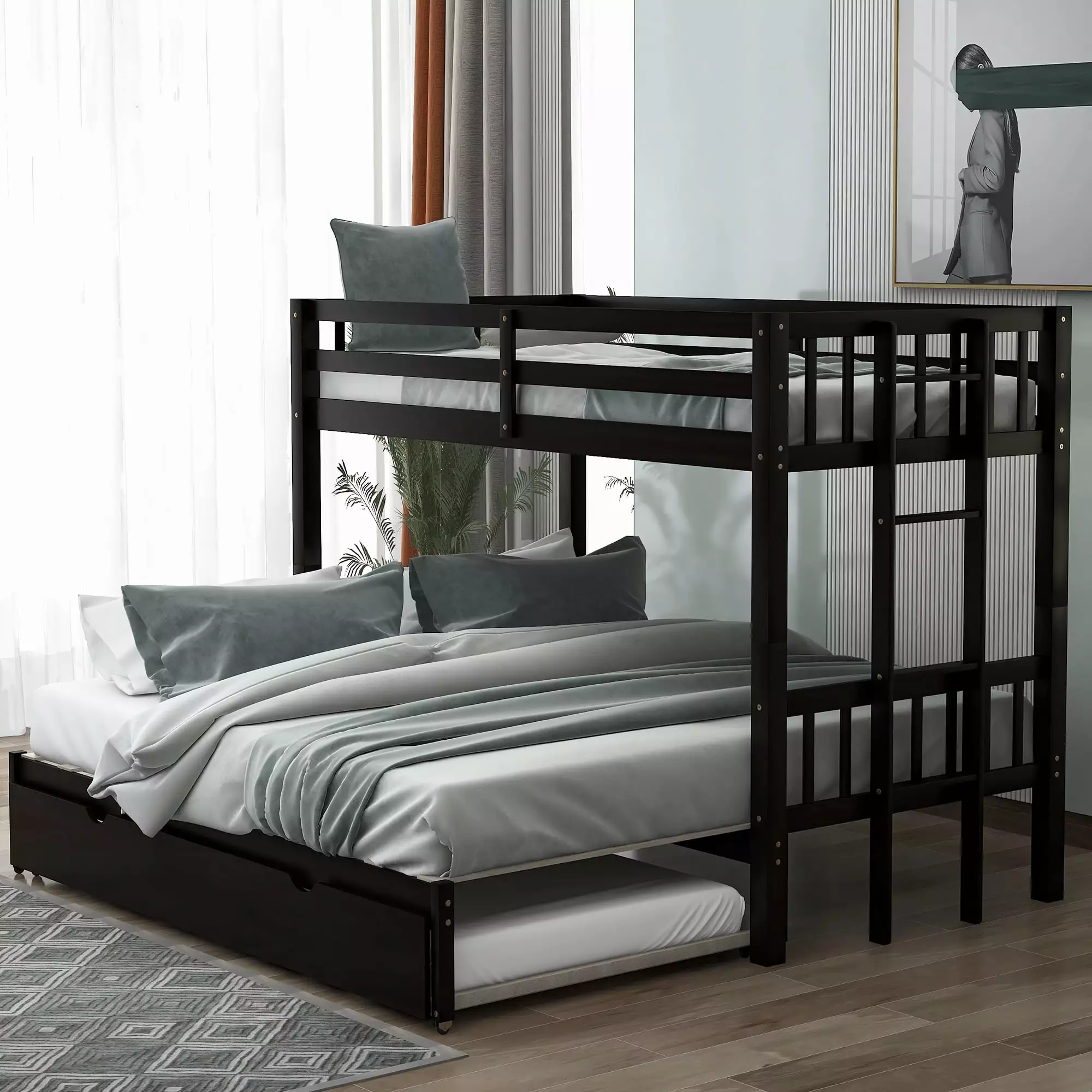 Euroco Wood Twin Over Twin Bunk Bed Trundle Kids Room Espresso Finish