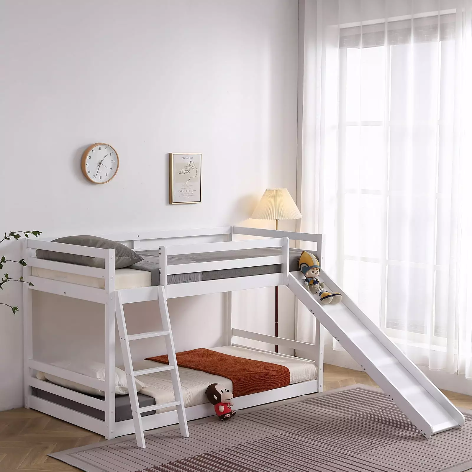 Zimtown Bunk Bed Twin Over Twin Slide - Low Floor Kids Bunk Bed Boys and Girls Dormitory FCH