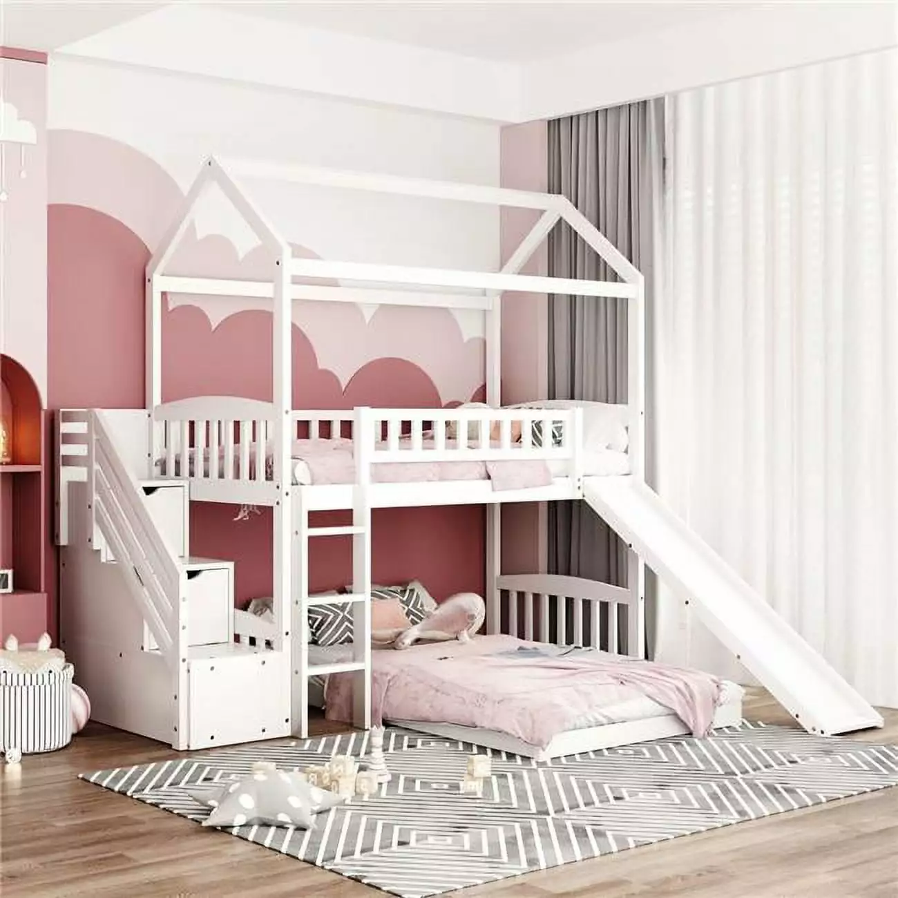 HomeRoots White Twin Size Over Play House Perpendicular Bunk Bed Slide - Fun Kids Bunk Bed