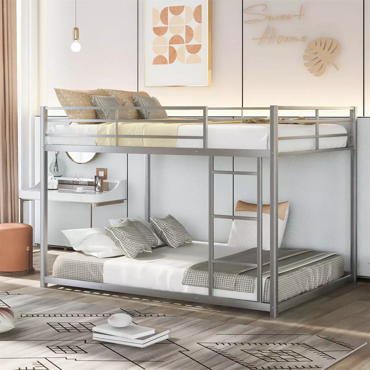 Kids Low Bunk Bed Full over Full Metal Bunk Bed Floor Bunk Bed Guard Rails and Ladder INCLAKE