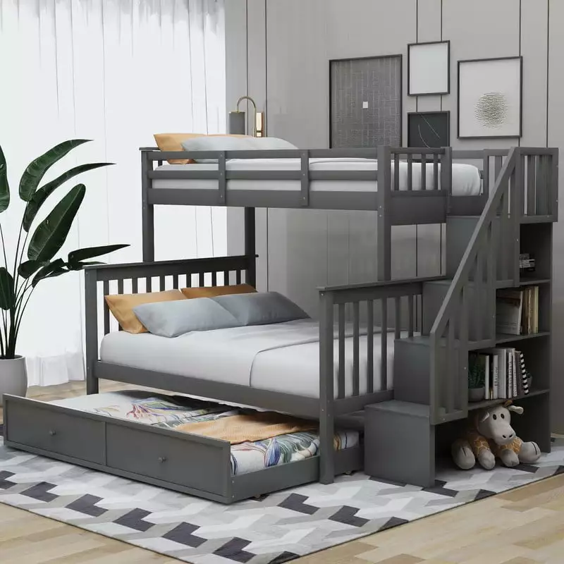 Twin Over Full Bunk Bed Twin Size Trundle - Solid Wood Frame Storage Stairs - Gray JAMPOOCA