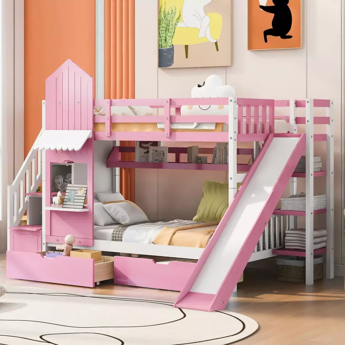Castle Style Twin-Over-Twin Solid Wood Bunk Bed Slide and Storage Staircase Kids JINS & VICO
