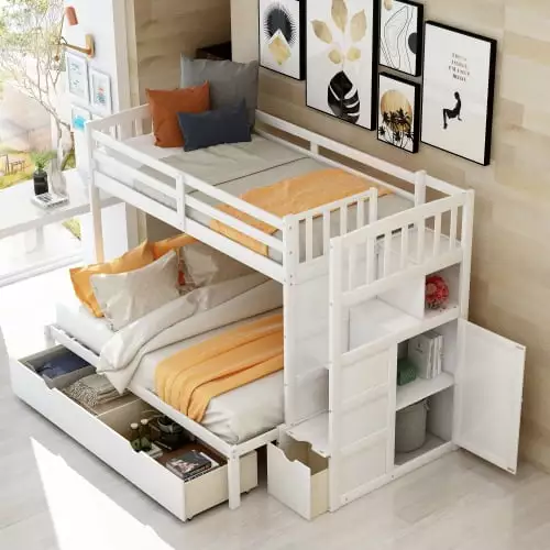 JINS & VICO Twin Over Full Bunk Bed Frame Stairs Wood Stairway Bunk Bed Convertible Bottom Bed Storage Shelves Drawers White