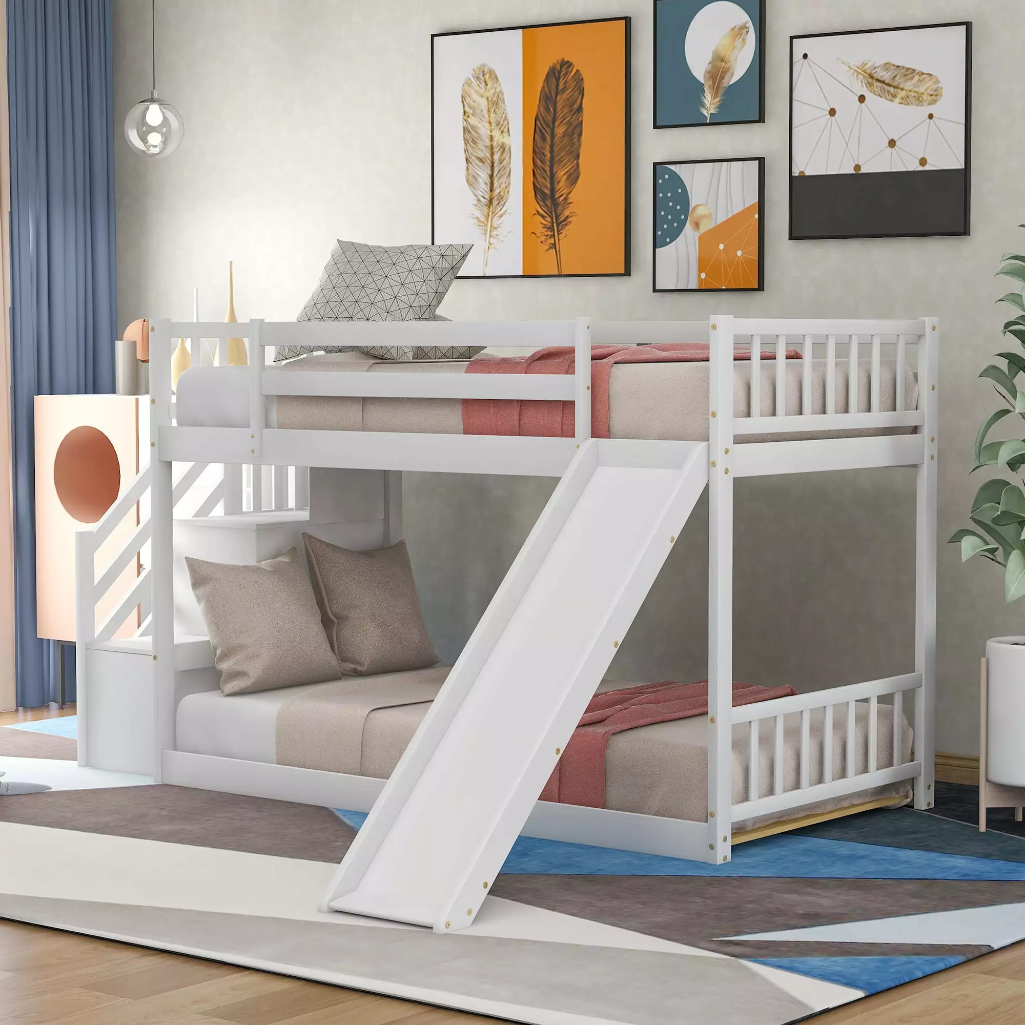 JINS&VICO Twin Bunk Beds Slide Kids, Low Profile Bunk Bed Staircase JINS & VICO