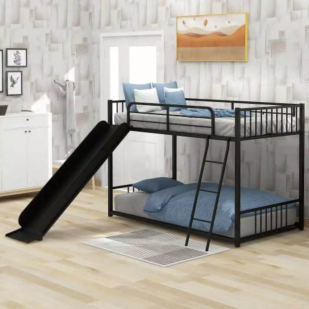 Twin Bunk Beds Kids Slide Metal Low Bunk Bed Frame No Box Spring Required Black Fun Design JINS & VICO