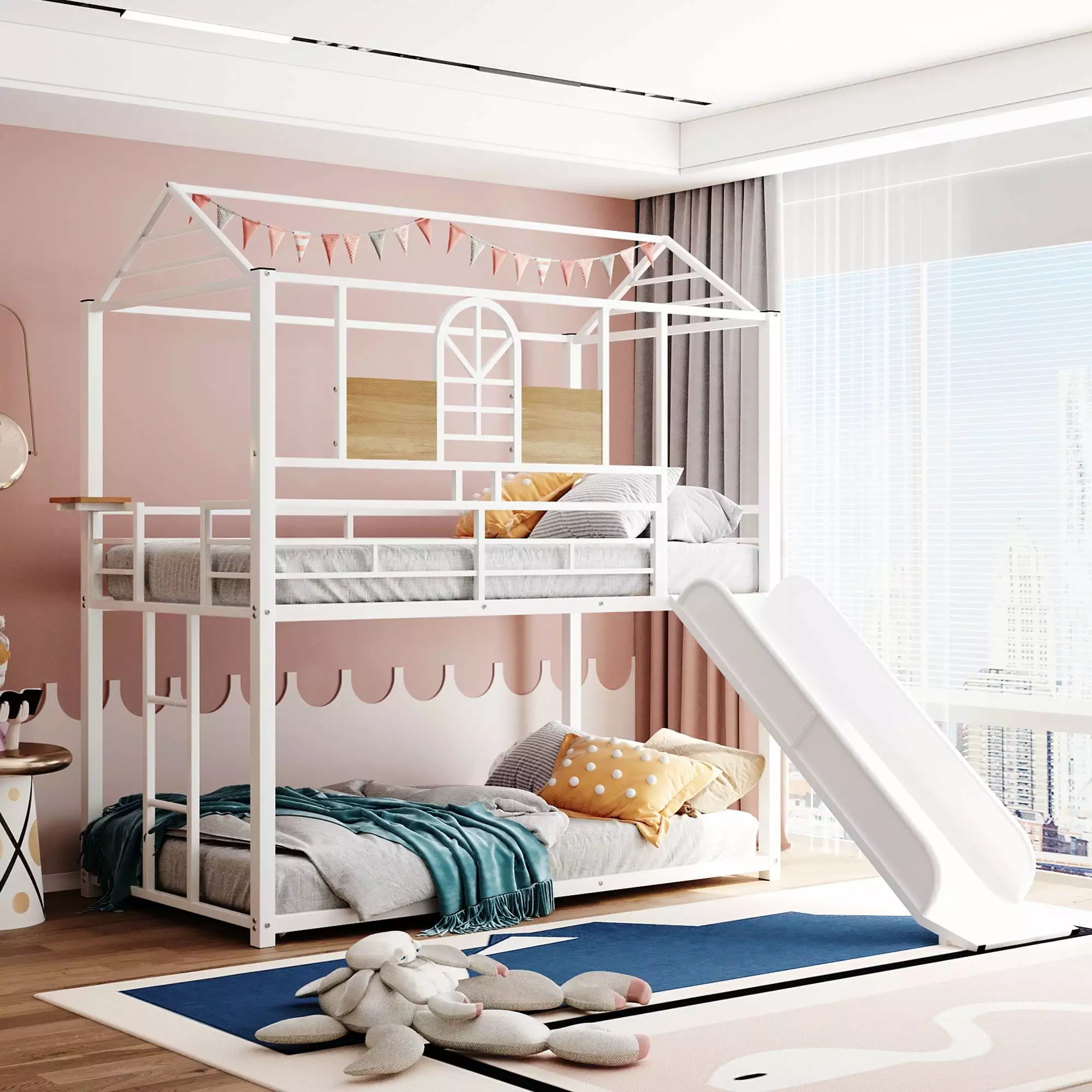 Jump Into Fun Bunk Bed Slide - Twin over Twin Bunk Bed Kids Adults Roof and Guardrails - White