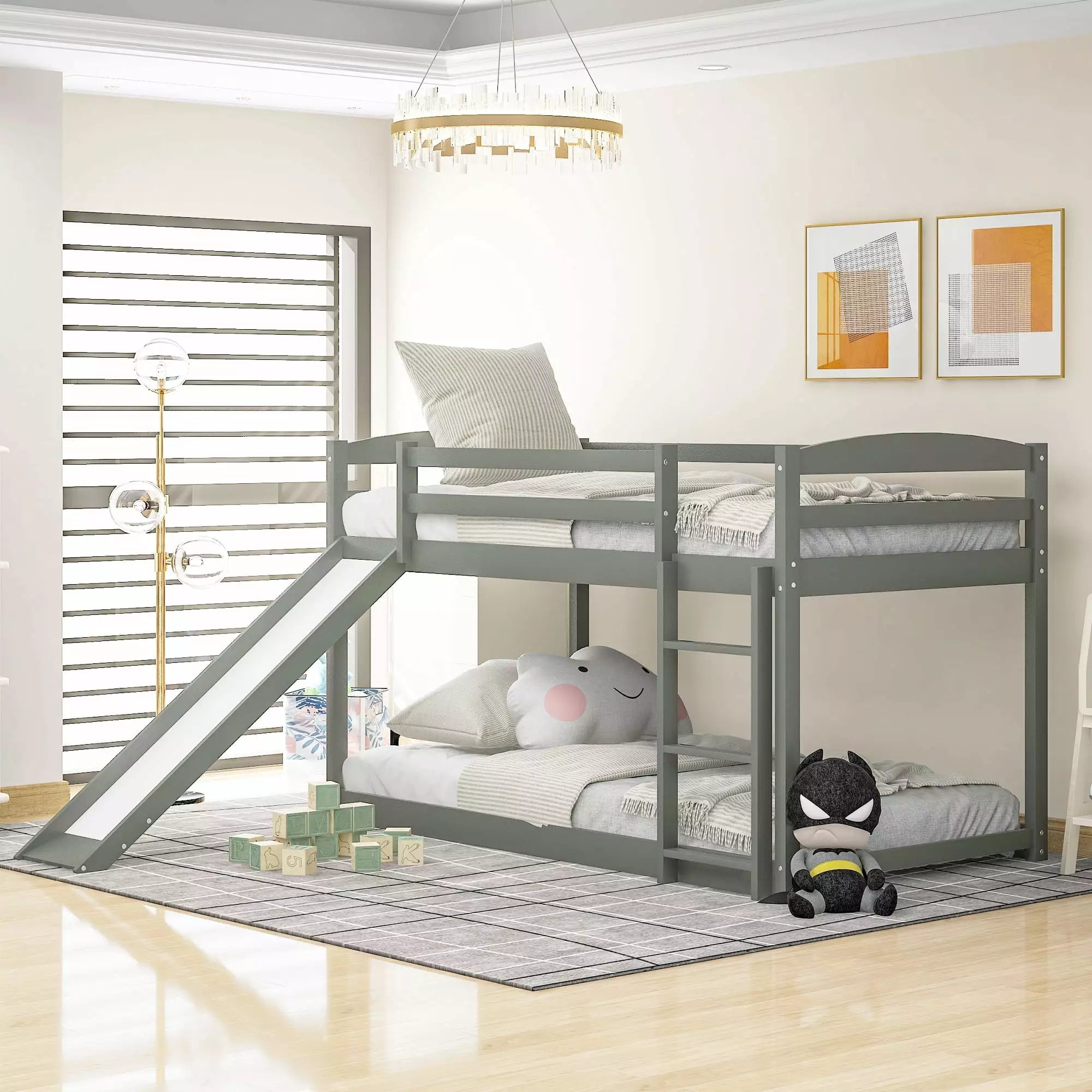 Jump Into Fun Bunk Bed Twin over Twin Toddler Bunk Beds Slide Protectty Guard Rails and Convertible Ladder Wooden Twin Bun...