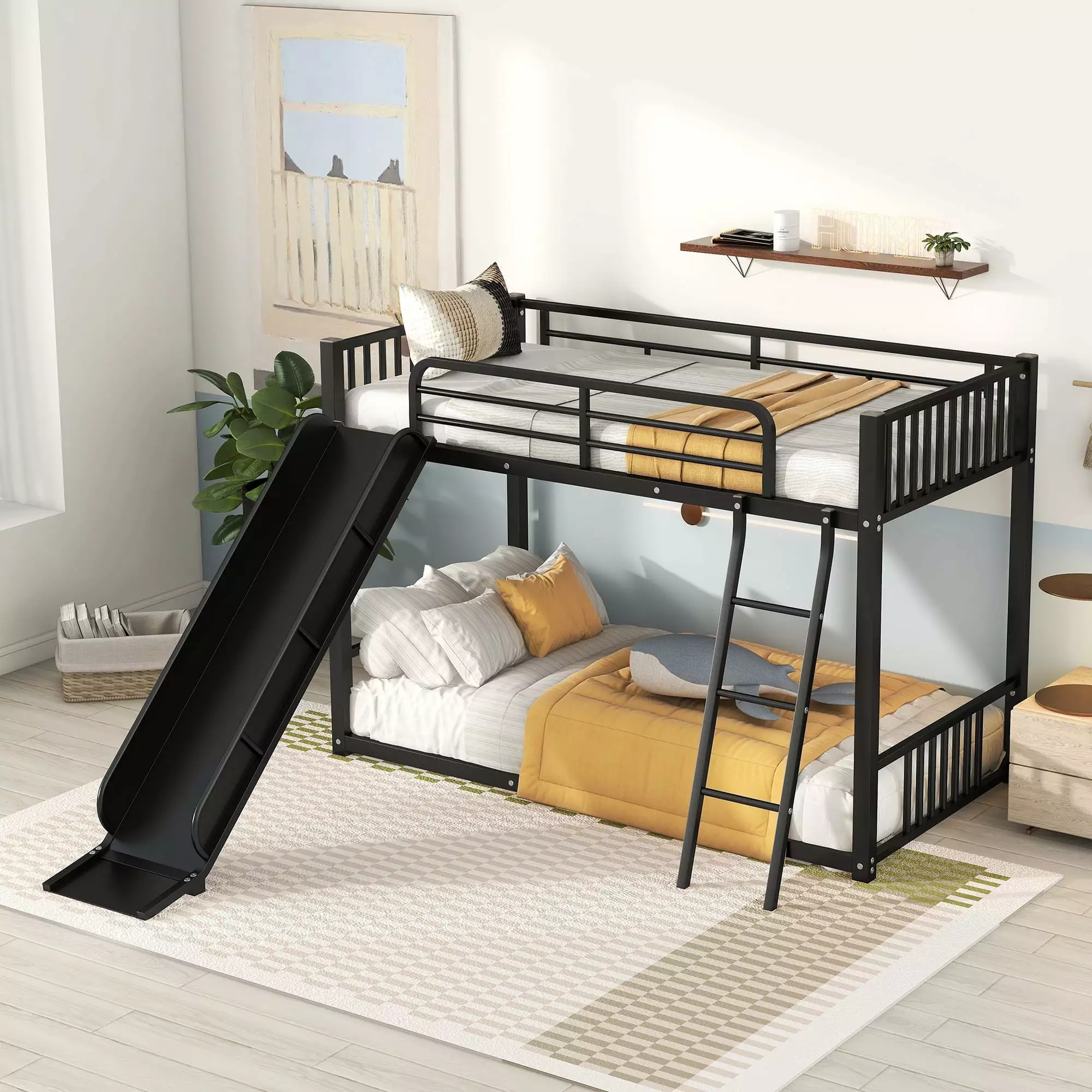 Jump Into Fun Bunk Beds Twin over Twin Metal Bunk Bed Slide Low Bunk Bed Ladder and Guardrails Kids