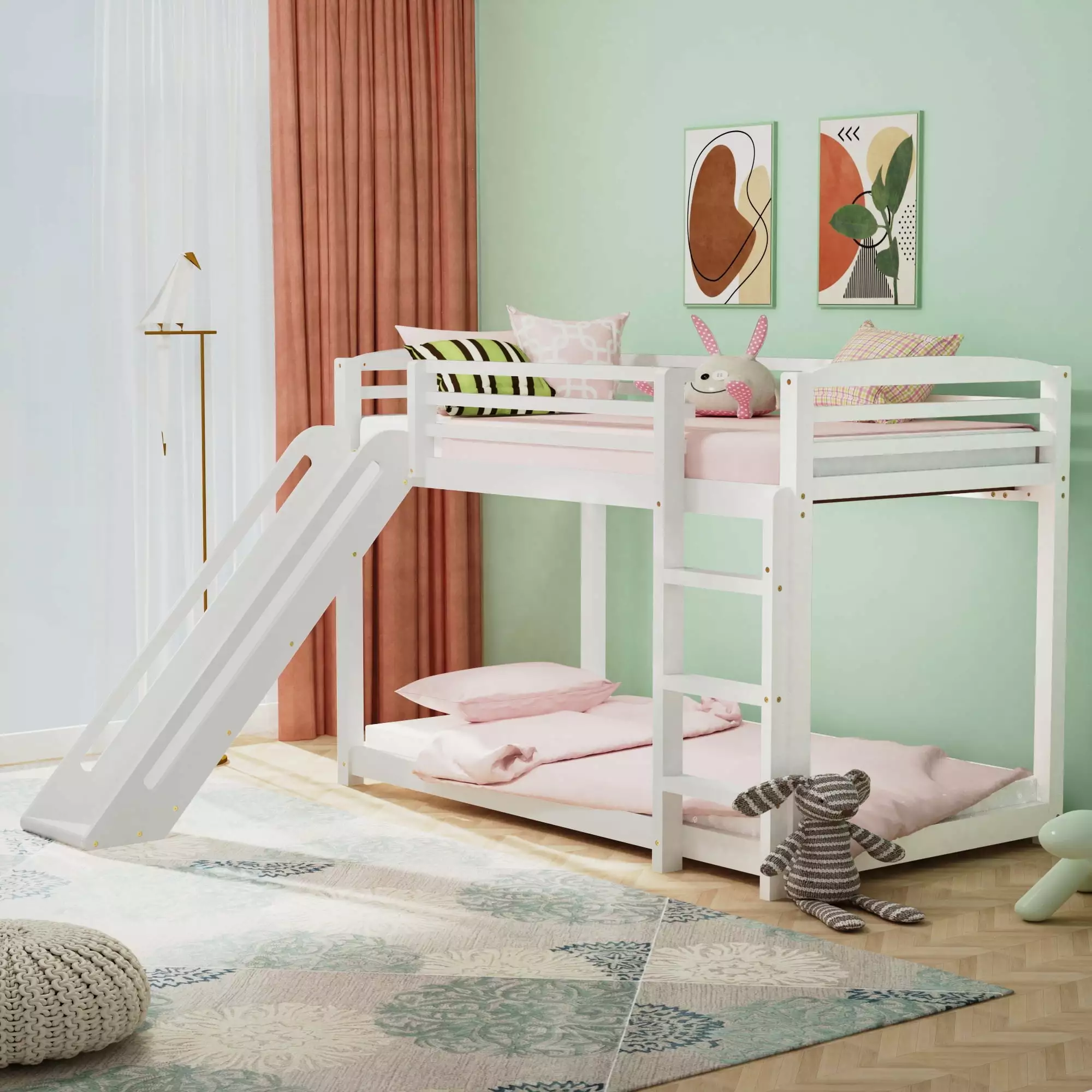 Kacho Twin over Twin Bunk Bed Slide - Wood Bunk Bed Frame Kids Teens Adults - Convertible Slide and Ladder - No Box Spring...