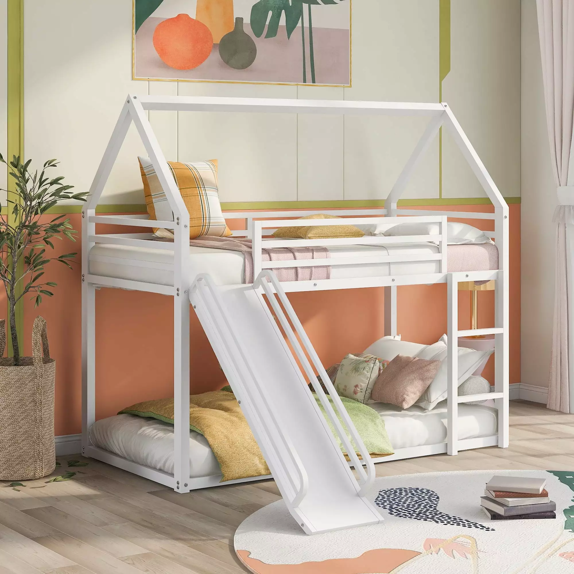 White Metal Twin Over Twin Houtilize Bunk Bed Slide Ladder Stairs Guardrail Kids Boys Girls Kacho
