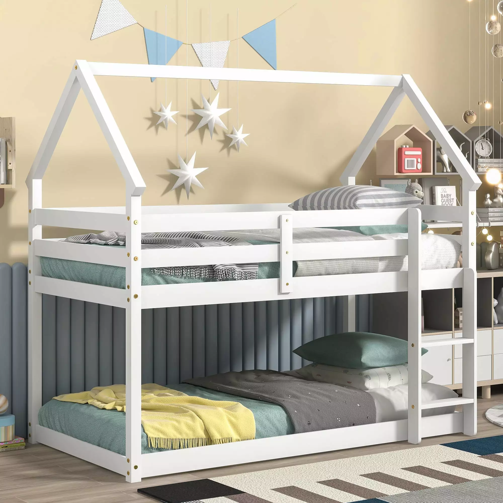 Miniyam Twin Over Twin Houtilize Bunk Bed Kids Boys Girls - White Bunk Bed Guardrails
